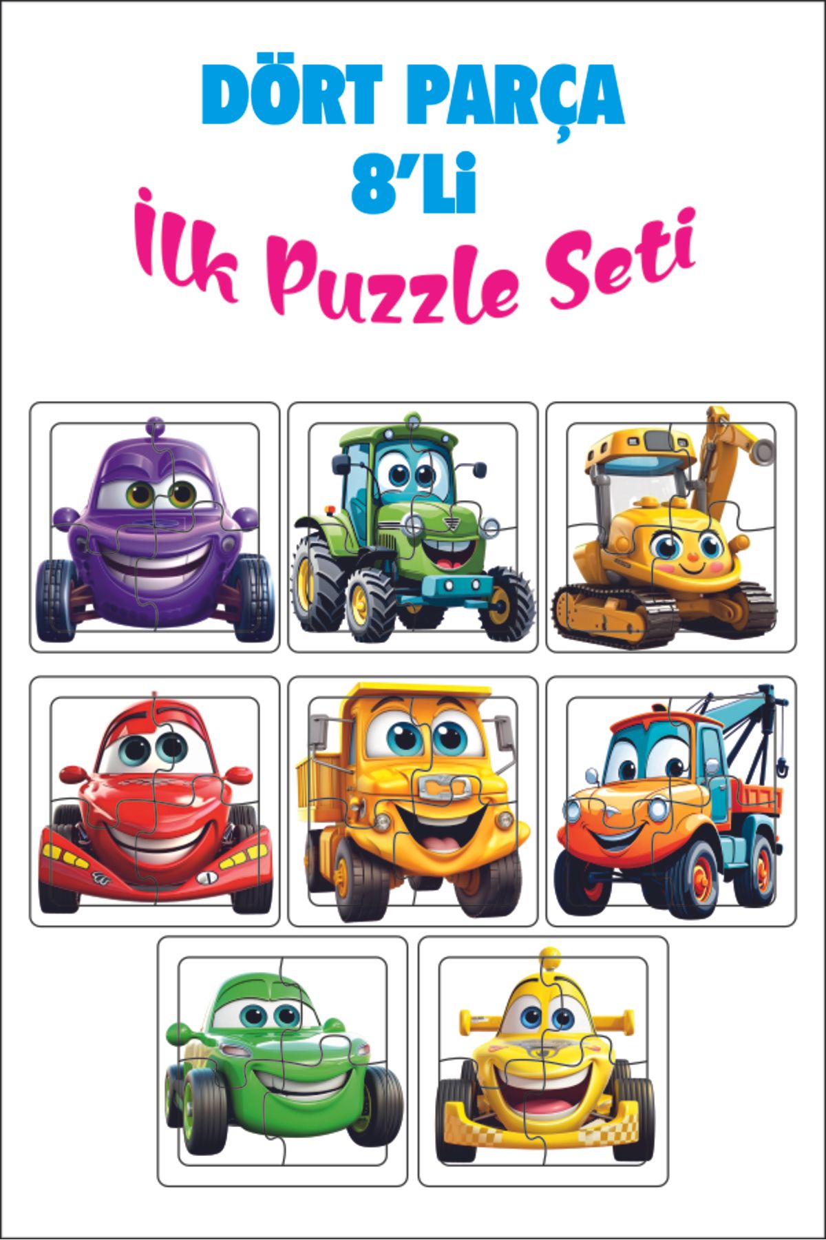 Leelii Tasarım Sevimli Araçlar İlk Puzzle Renkli Araba, Traktör, Kamyon, Çekici Ahşap Puzzle 4 Parça 8'li Set