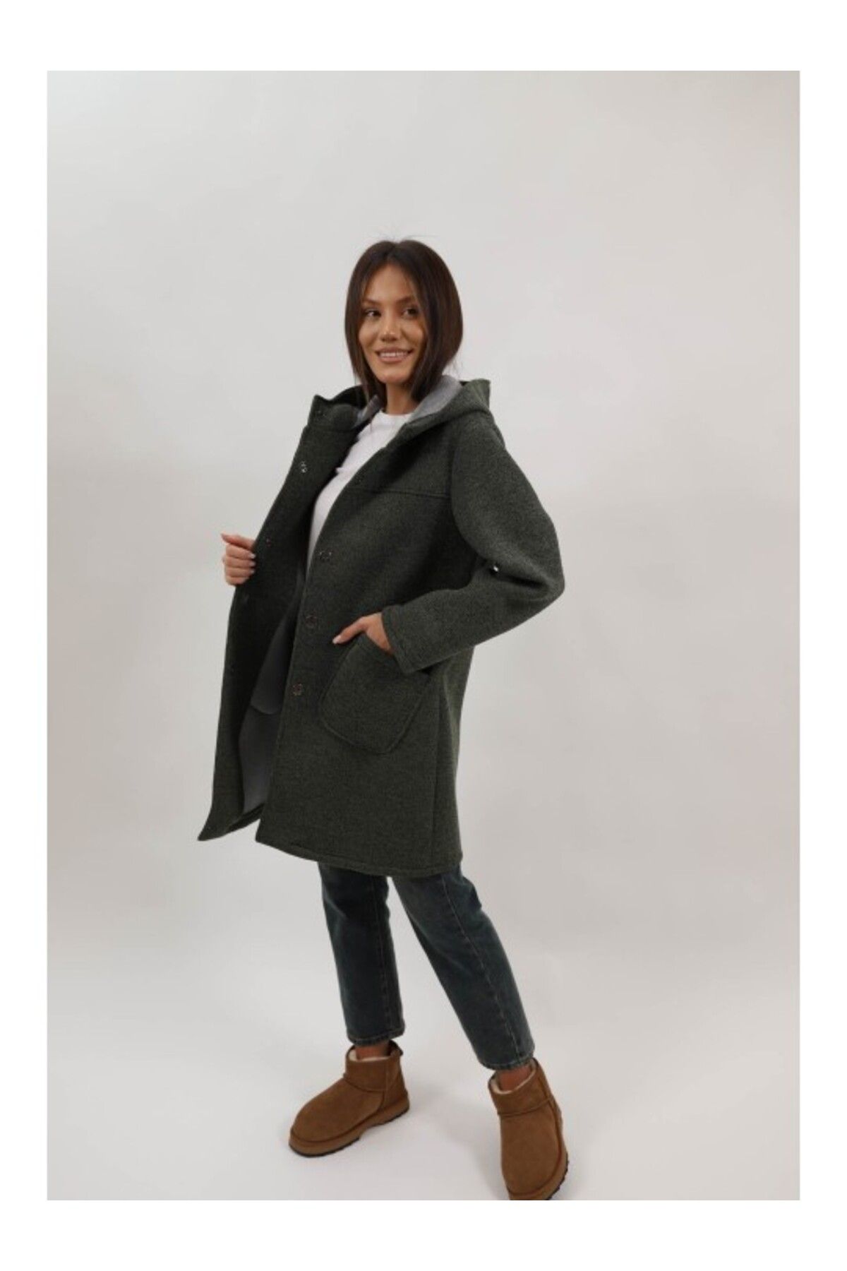 Lamiar-Alessandra Midi Coat With Hood And Pockets Without Lining Snap Closure One Size Khaki 3