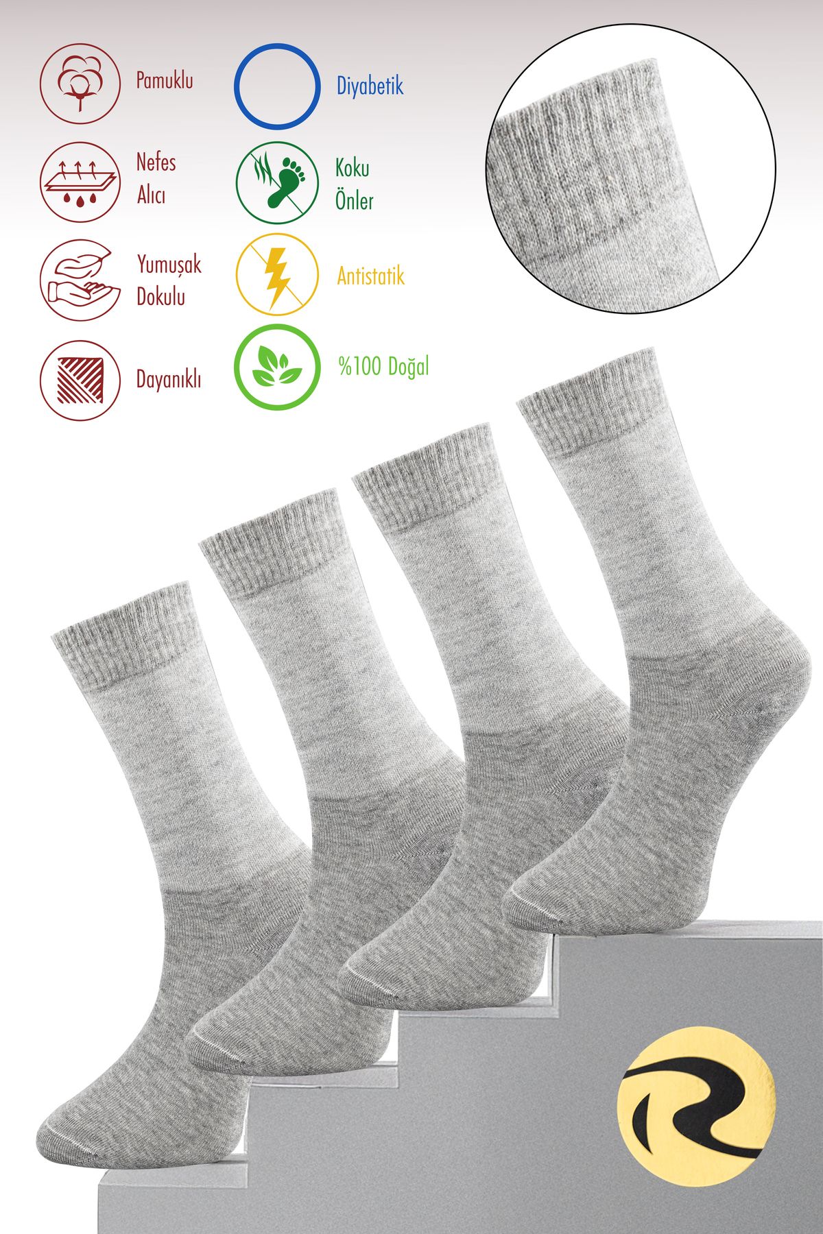 Roff Pamuk Kadın Diyabetik Gri Soket Dikişsiz Premium Çorap 4'lü Paket / İz Bırakmaz / Sıkmayan Çorap