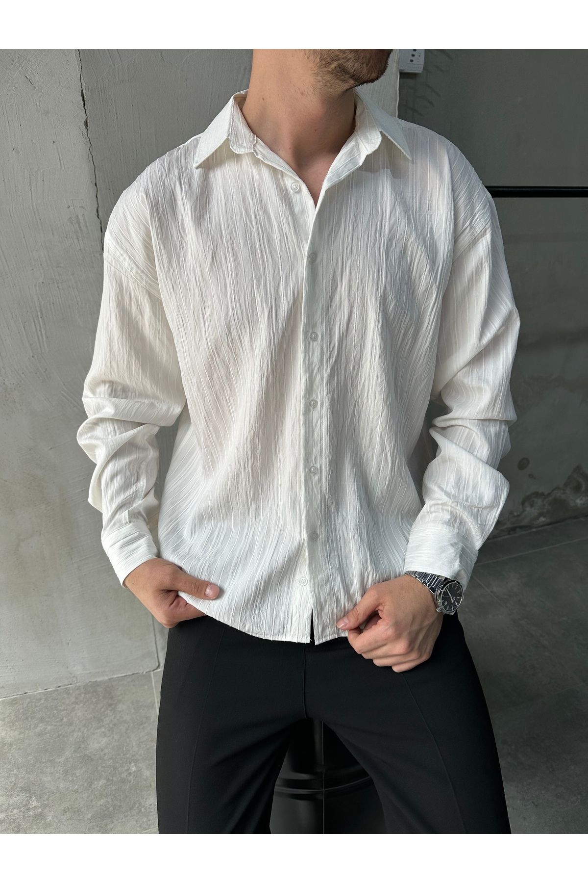 DİFRANSEL Çizgili Modal Oversize Beyaz Gömlek