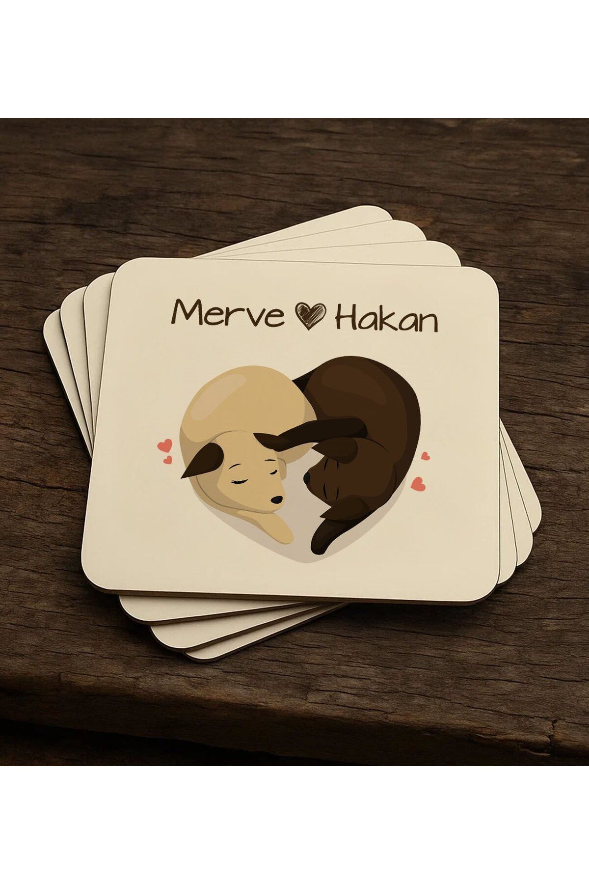Bk Gift Kişiye Özel Sevgili Evcil Hayvan Tasarımlı 4'lü MDF Ahşap Bardak Altlığı-3, Arkadaşa Hediye,
