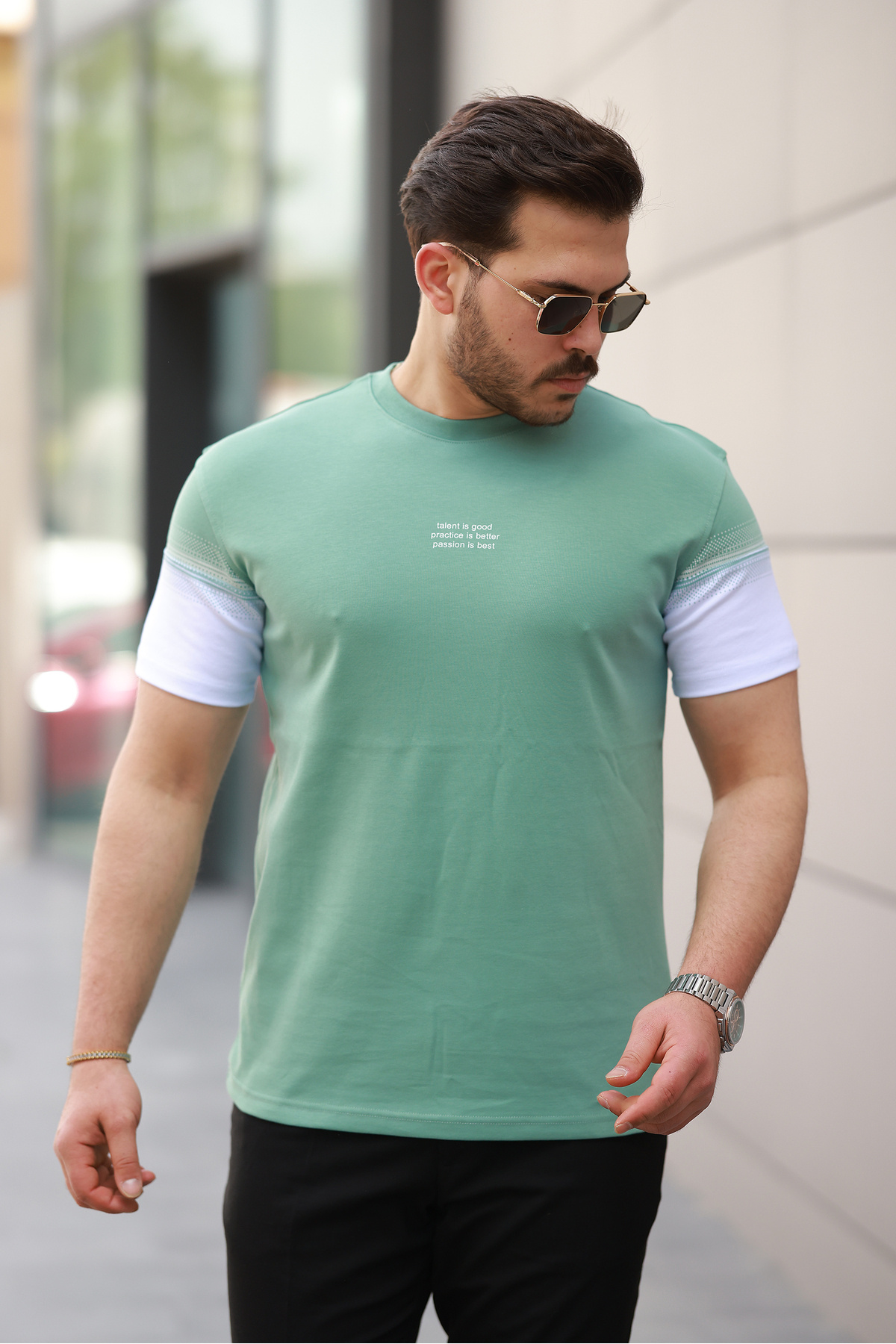 SALTİMORE Yeşil - Beyaz Renk Bloklu Slogan Baskılı %100 Pamuk Over Fit Bisiklet Yaka T-shirt