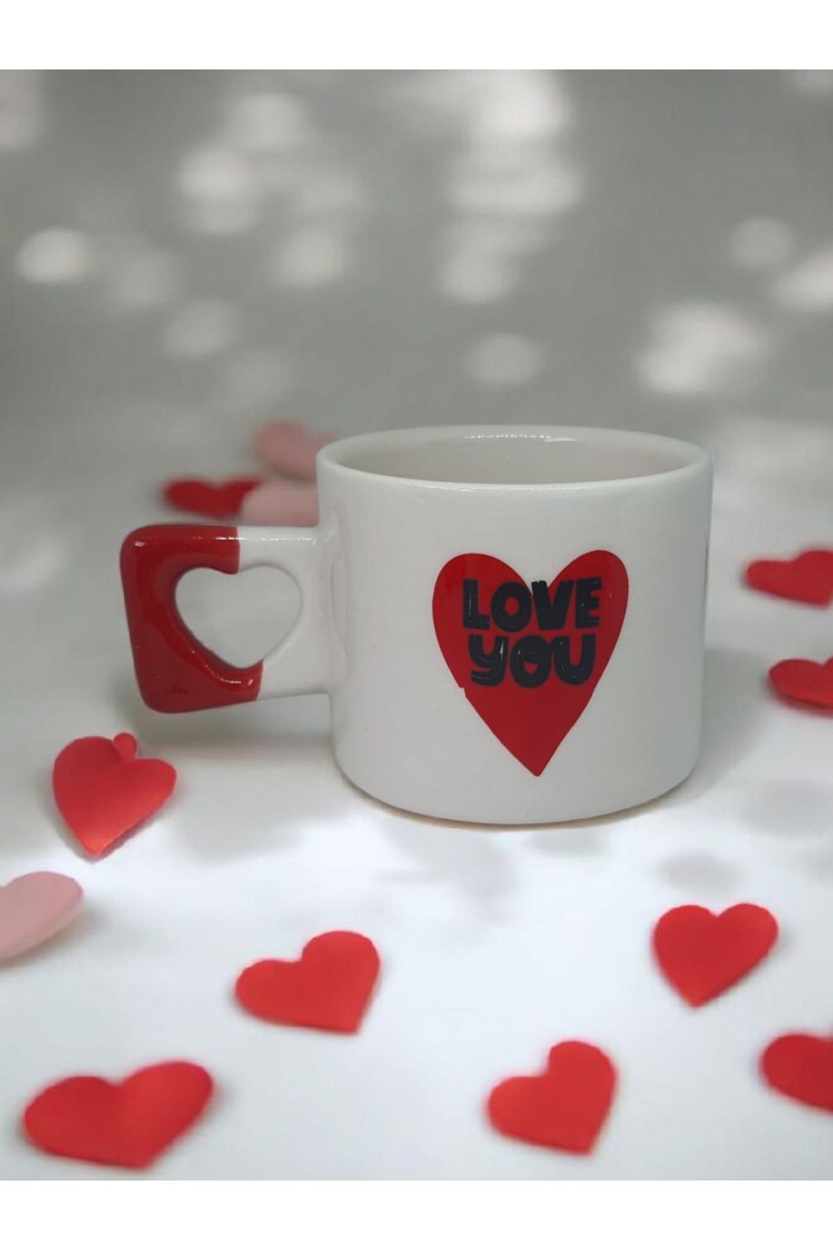 Simge Seramik Love You Yazılı Kalp Çift Taraf Çizimli Kalp Kulplu El Yapımı Doğal Seramik Mug Kupa Fincan