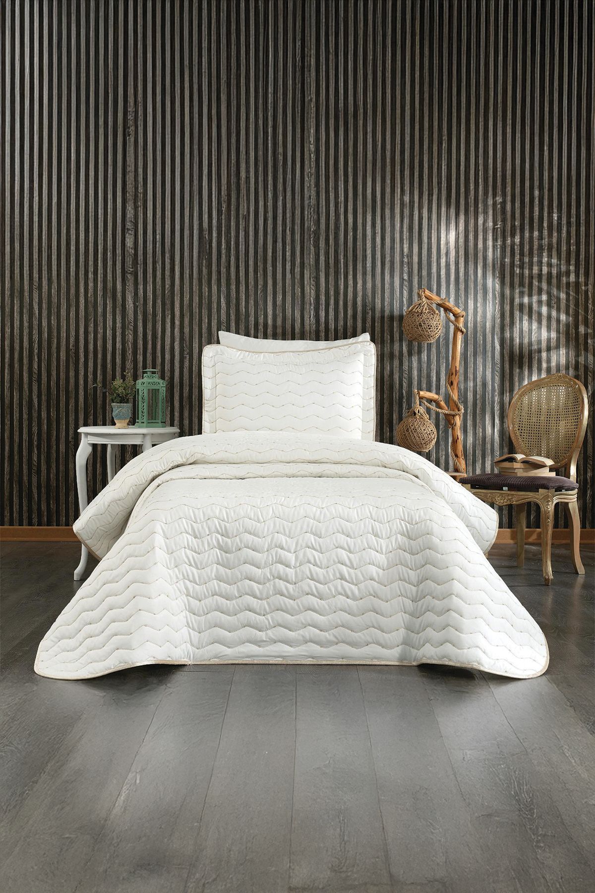 Bonny Home Krem İpeksi Dokulu Modern ve Sade Tek kişilik Yatak Örtüsü Takımı