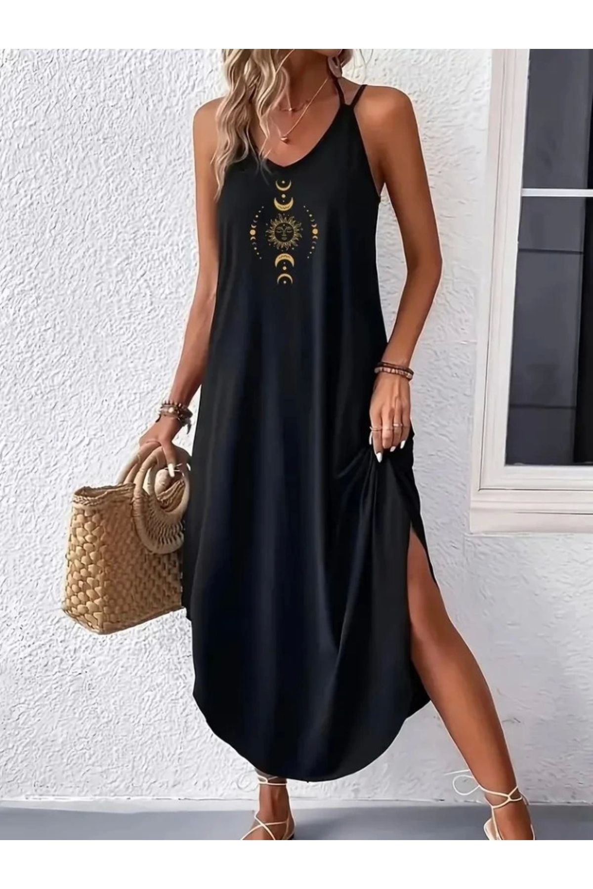 Butik Kadın Askılı V Yakalı Desenli Uzun Viskon Elbise