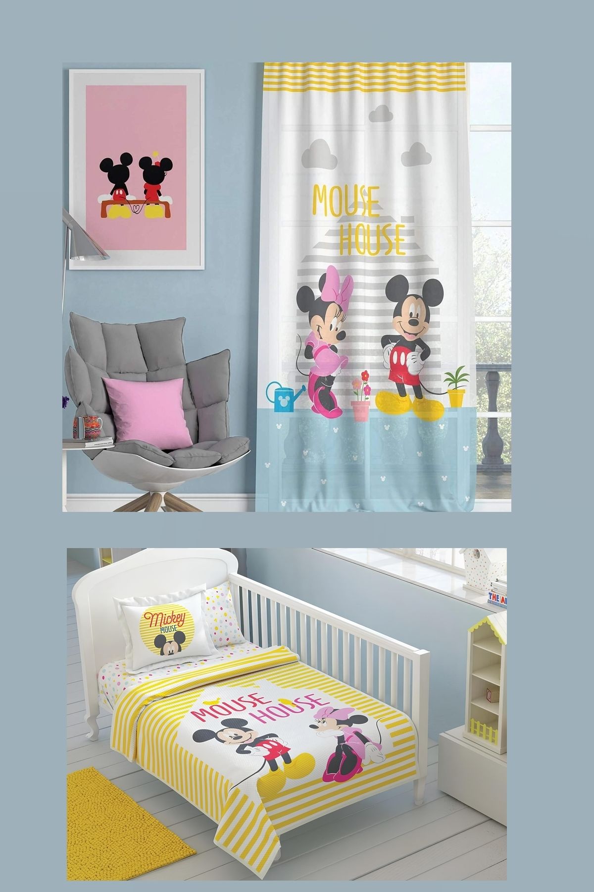 Taç Minnie And Mickey Bebek Pike Takımı + Fon Perde + Yastık Kılıfı