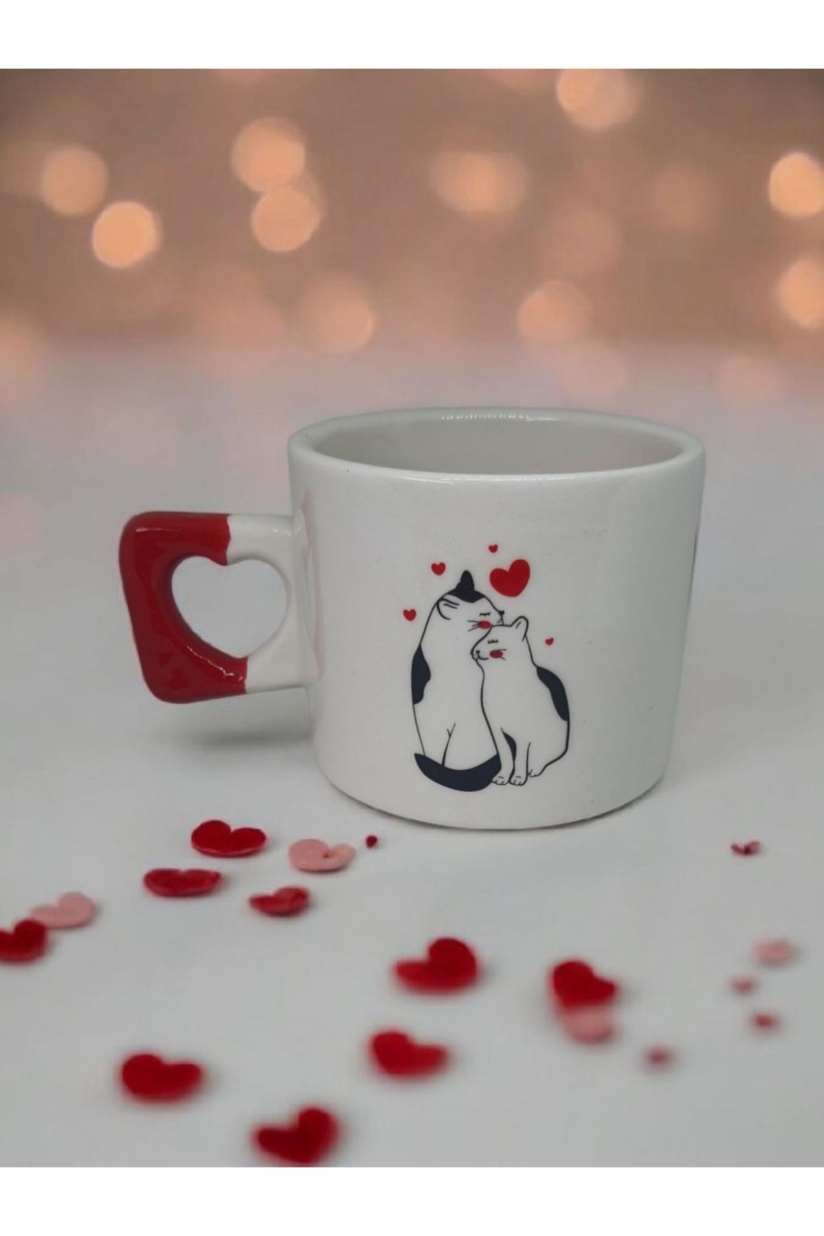 Simge Seramik Romantik Kedikler Çift Taraf Çizimli Kalp Kulplu El Yapımı Doğal Seramik Mug Kupa Fincan
