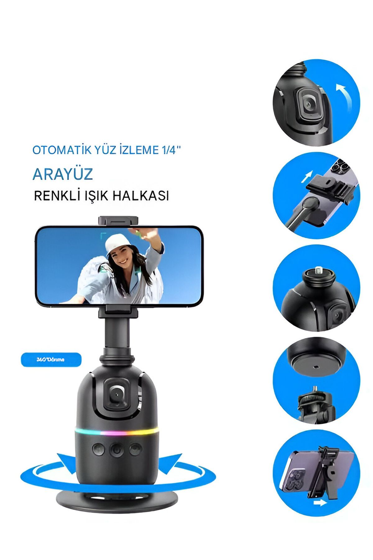nextbuy RGB Yüz Takip 360° Gimbal Öz Çekim Telefon Sabitleyici Video Akıllı Tripod Siyah P-03