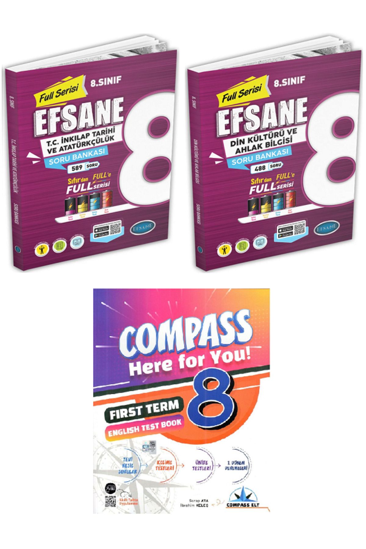 Efsane Yayınları 8.Sınıf İnkılap Tarihi + Din Kültürü Soru Bankası + 8.Sınıf Compass İngilzice Test Book - 3 KİTAP
