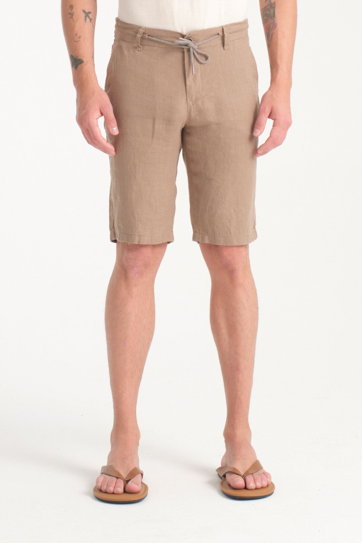 muzzo jeans Pantaloni Scurți De In Elastic Bej Pentru Bărbați Masculin - 34
