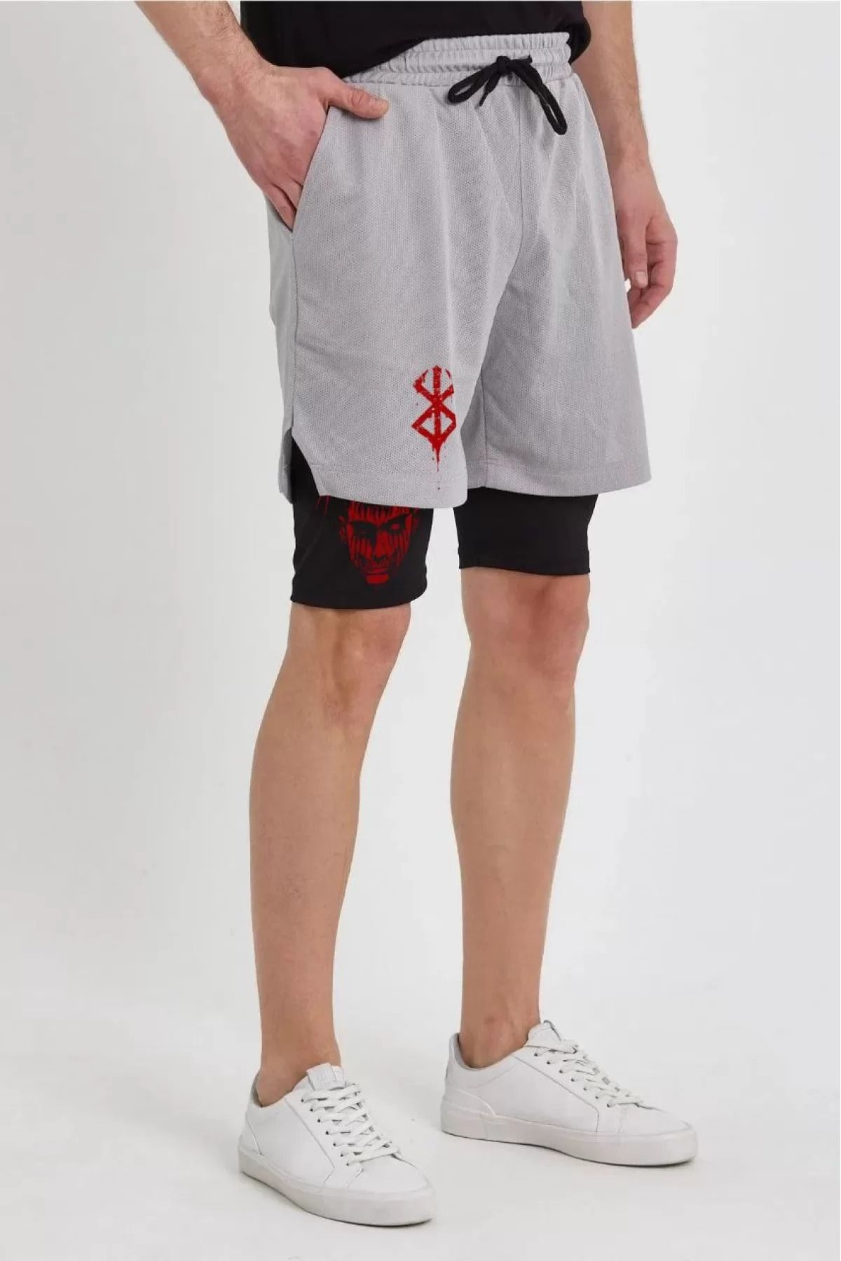 İndigo Park Spor Şort Unisex Baskılı İç Cepli Sporcu Alt Taytlı Şort - Gri