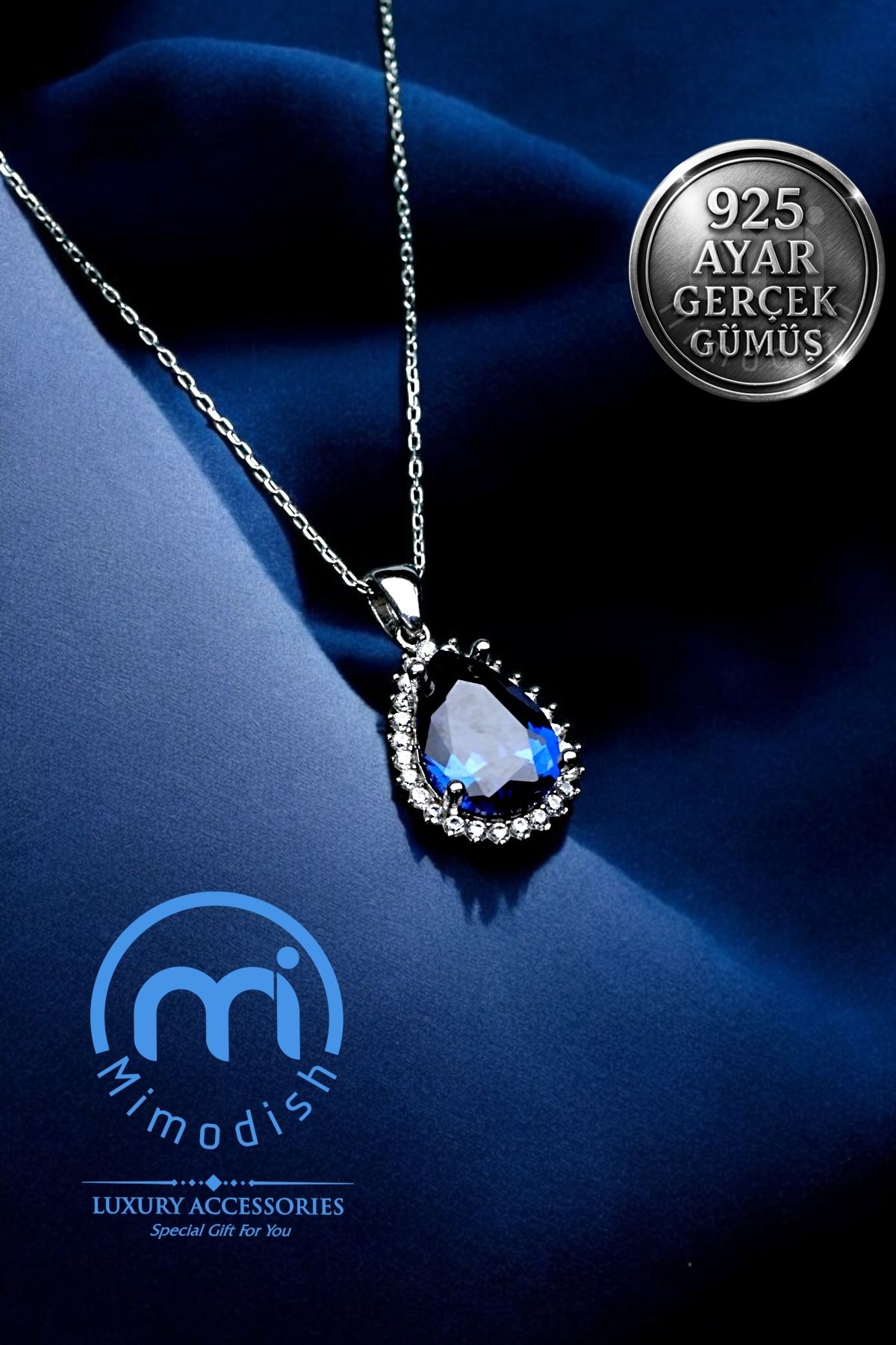 Mimodish 925 Ayar Gerçek Gümüş Büyük Boy Damla Gümüş Kolye Elit Okyanus Mavisi Safir Taşlı Kadın Gümüş Kolye