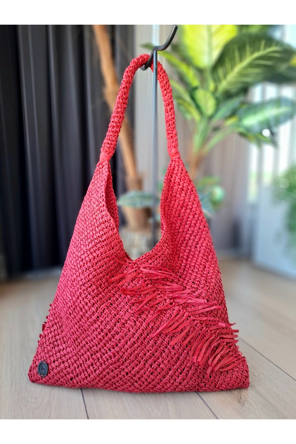 Shiw Design Kırmızı Rafya İp Hasır, İçi Keseli Çanta Plaj Çantası Omuz Çantası El Çantası Kol Çantası