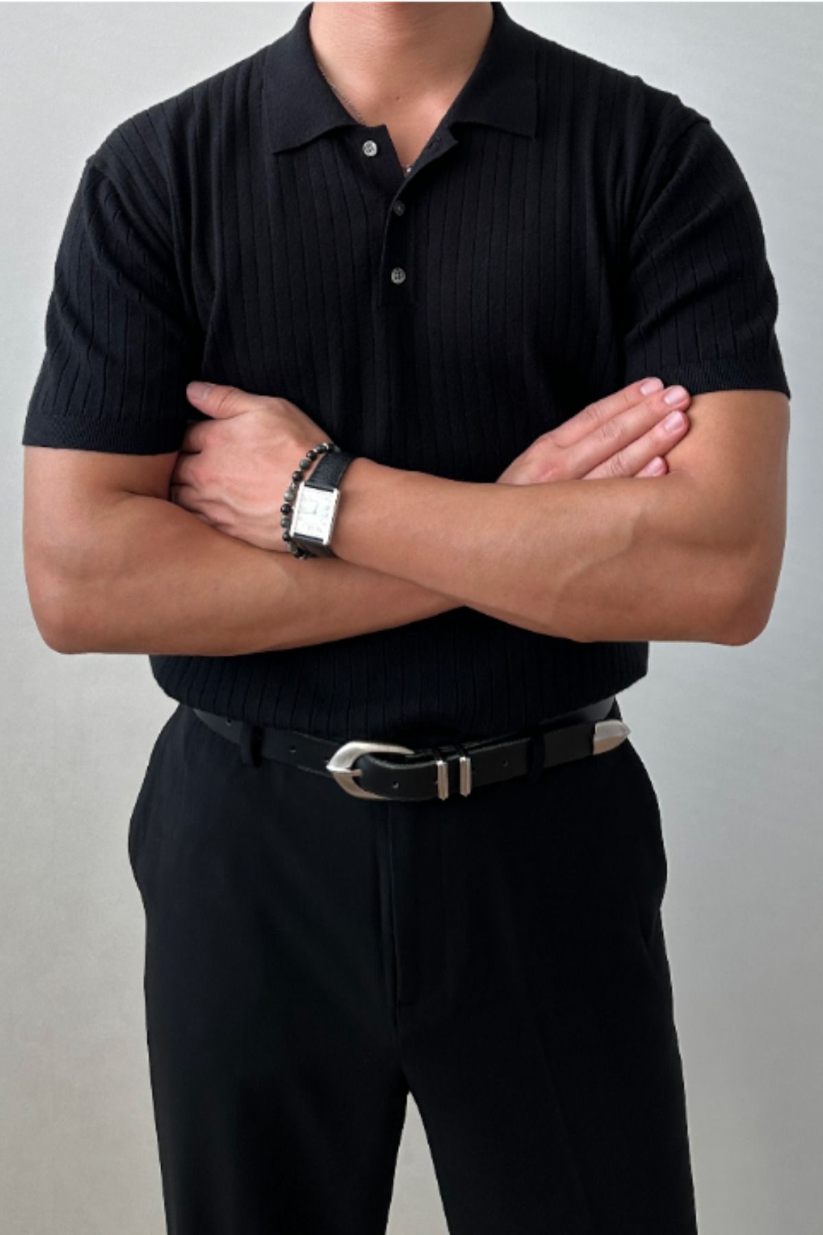 COOL TARZ Erkek Siyah Fitilli Düğmeli Polo Yaka Triko T-Shirt