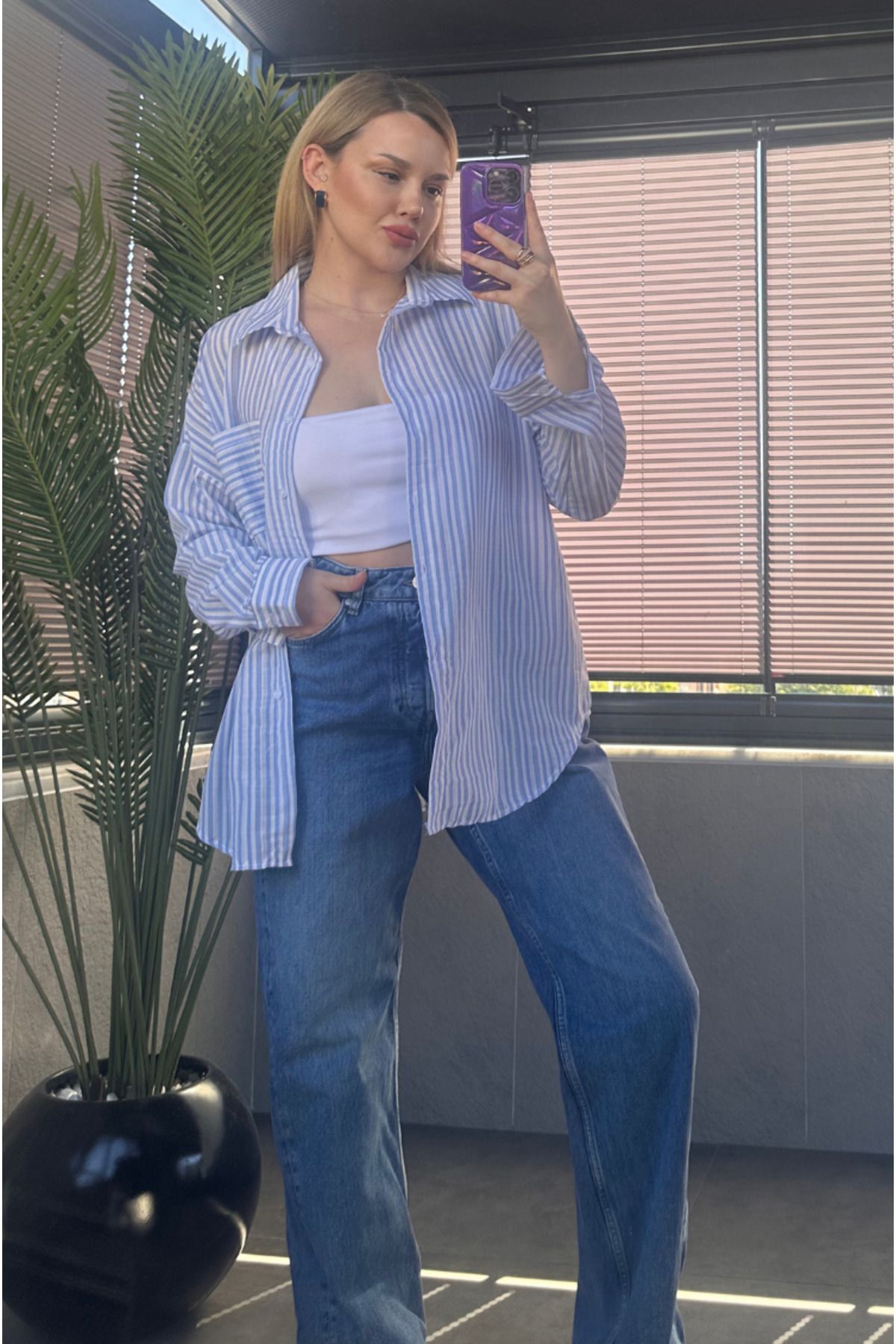 MİR STORE Açık Mavi Tek Cepli Çizgili Oversize Modal Keten Gömlek