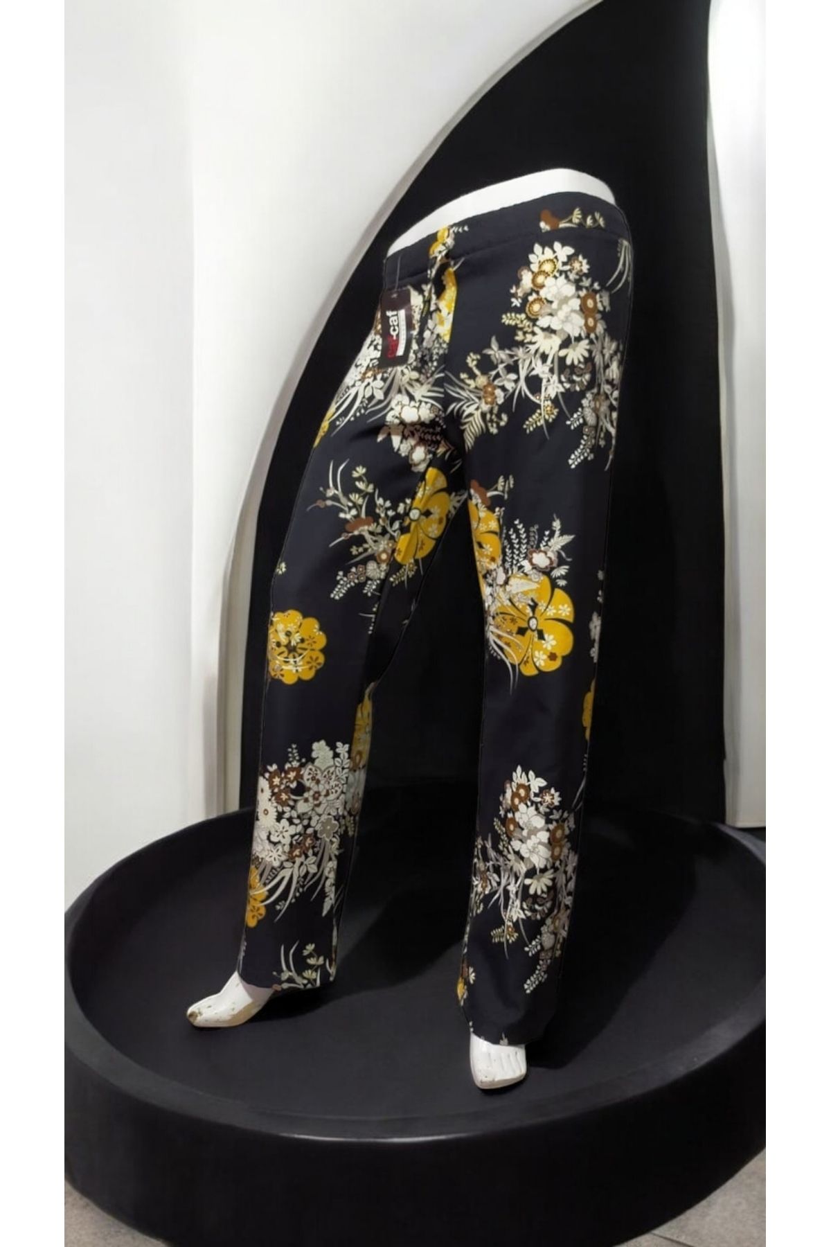 MATELIER Çiçek Desenli Beli Lastikli Siyah Sarı Beyaz Çok Renkli Pantalon