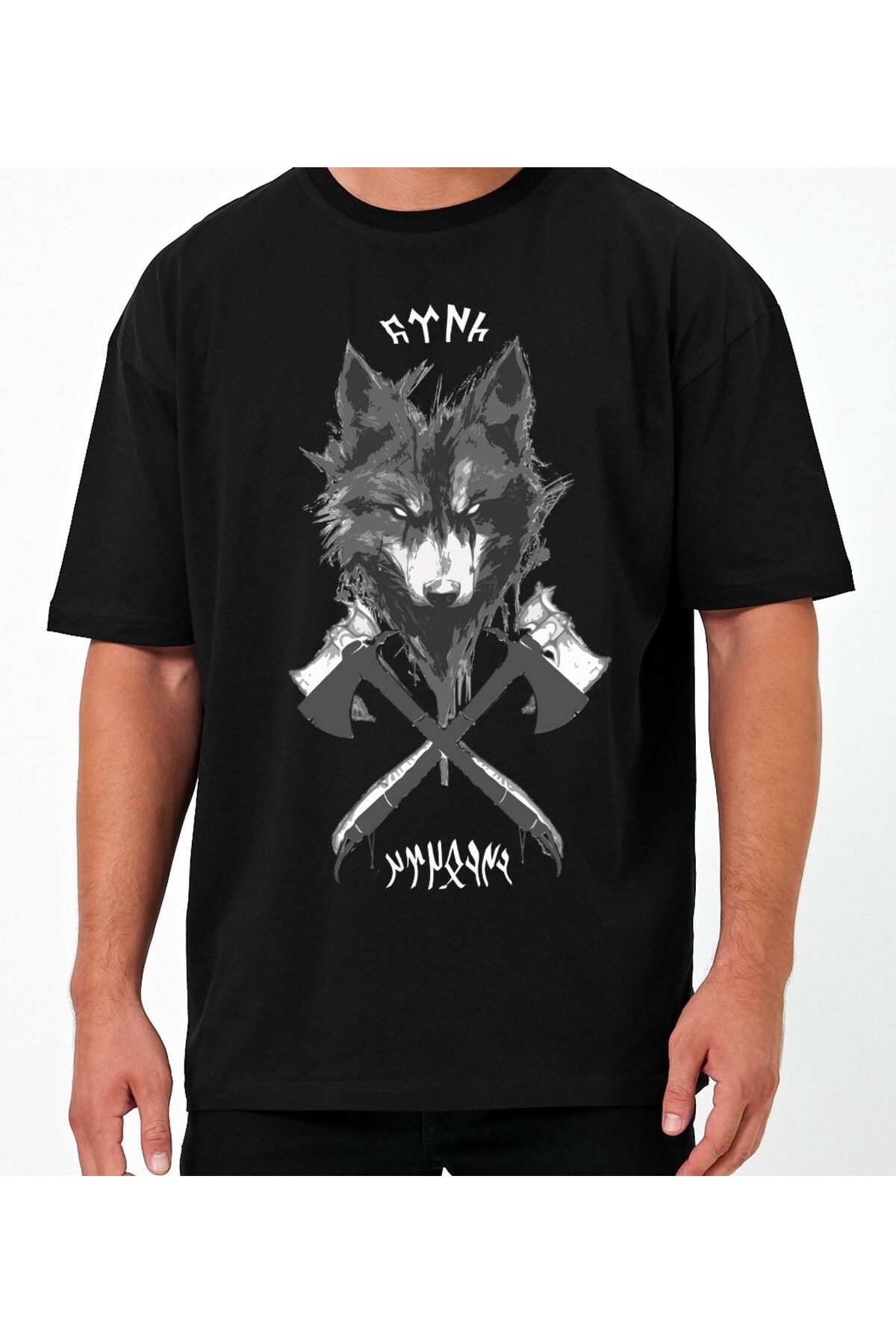 VEK Kurt Baskılı Göktürk Harfleri Özel Tasarım Oversize T-Shirt