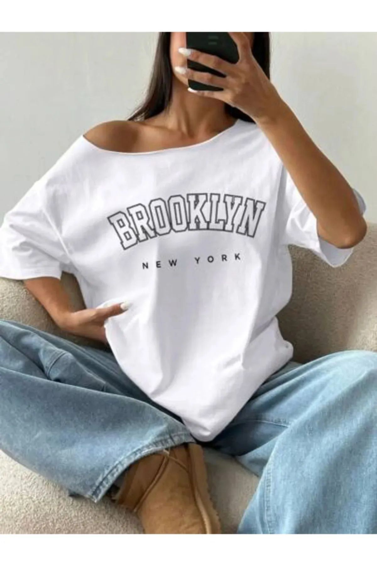 Koklonmoda Kadın Düşük Omuz Kayık Yaka Baskılı T-Shirt
