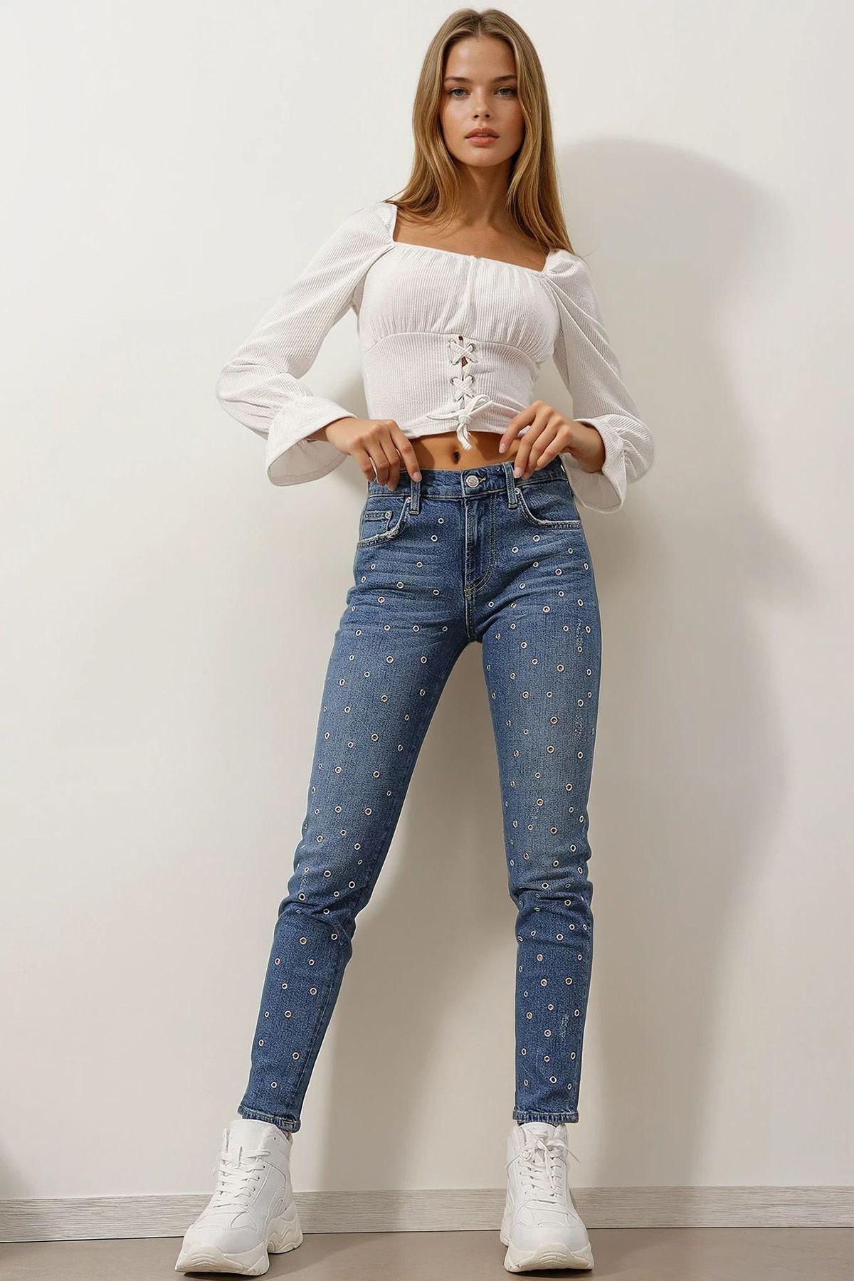 VAGGON Yüksek Bel Beş Cepli Kuş Gözü Detaylı Skinny Jean