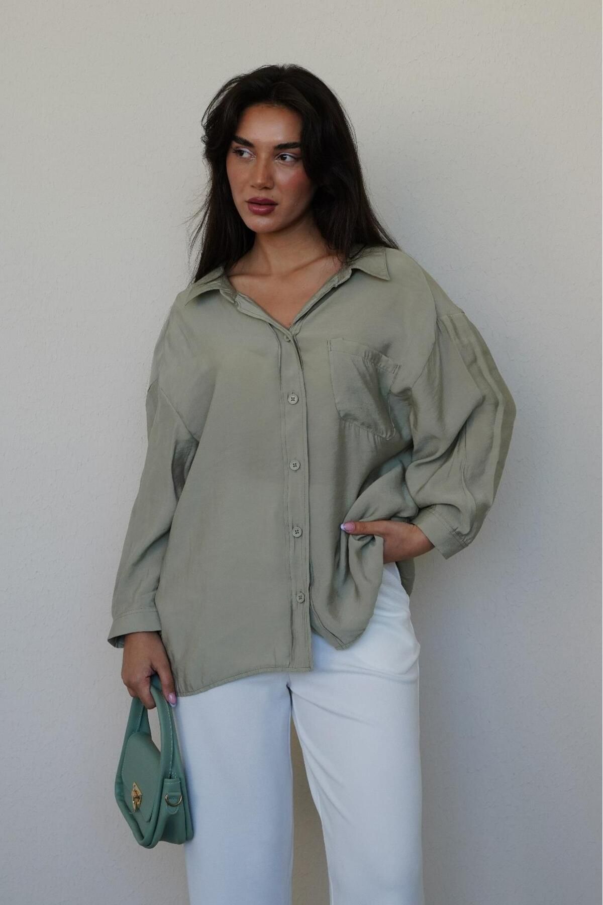 Madmext Mint Yeşili Cepli Kadın Uzun Kollu Gömlek MG2409