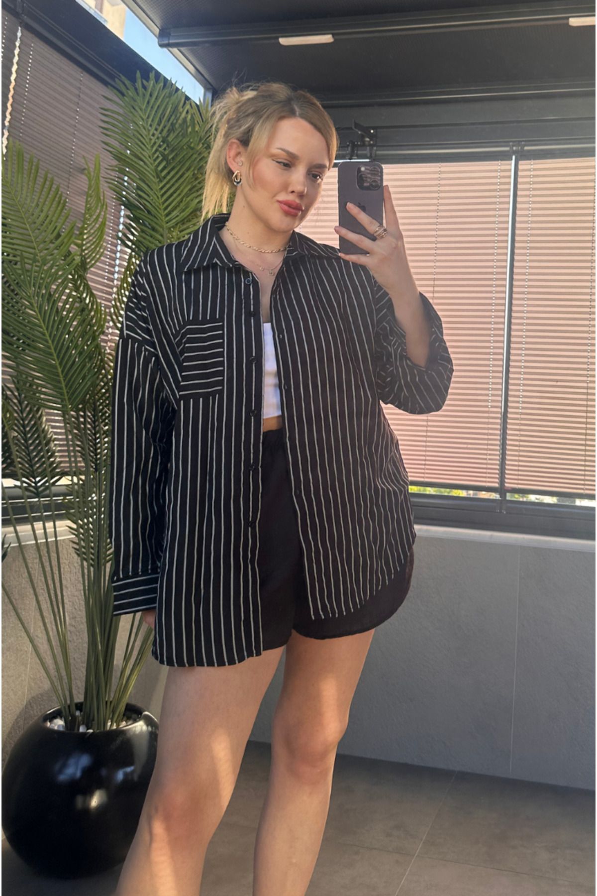 MİR STORE Siyah Tek Cepli Çizgili Oversize Modal Gömlek