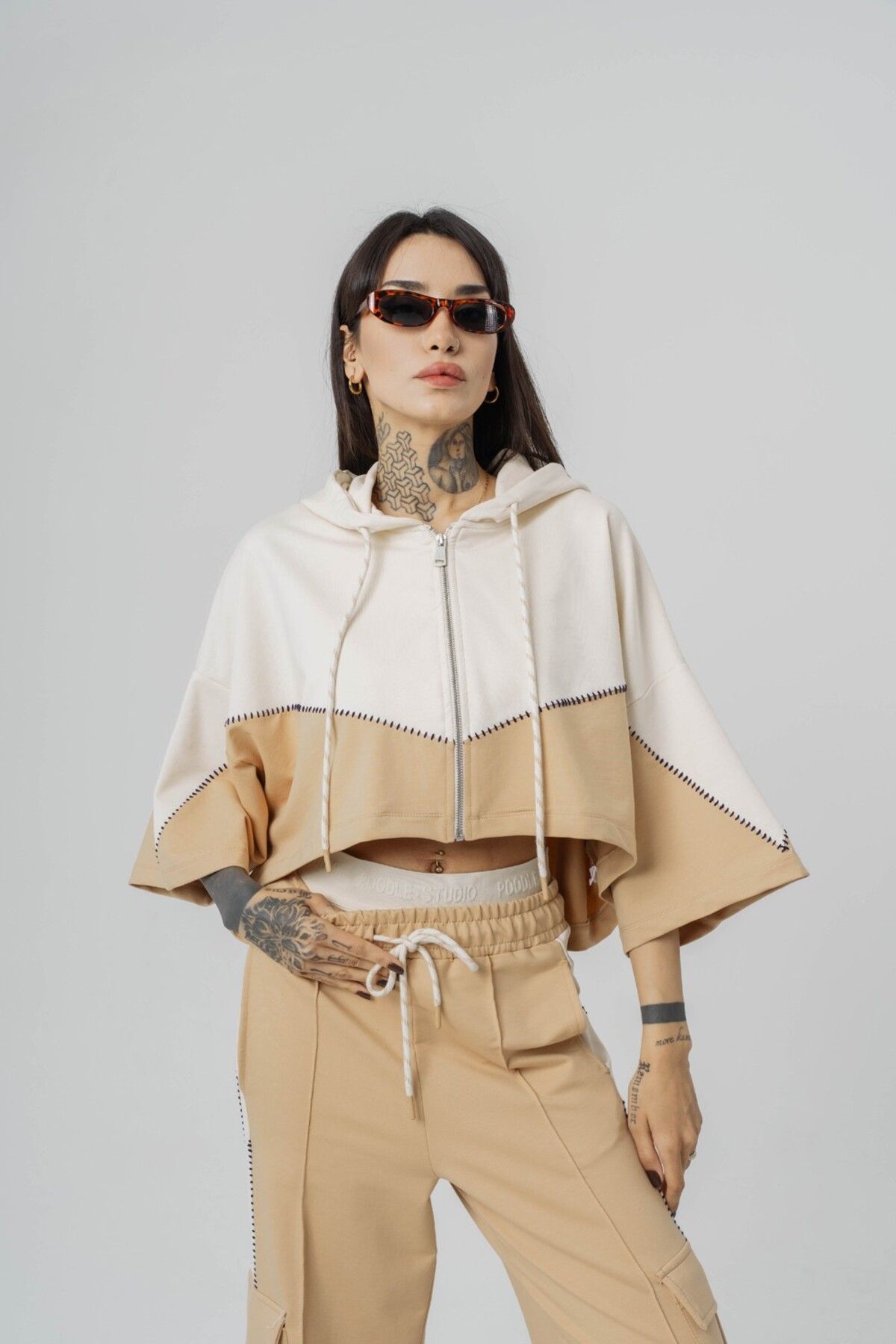 go gang own Seam Patched Crop ve Kapüşonlı Kadın T-shirt 2'li Set