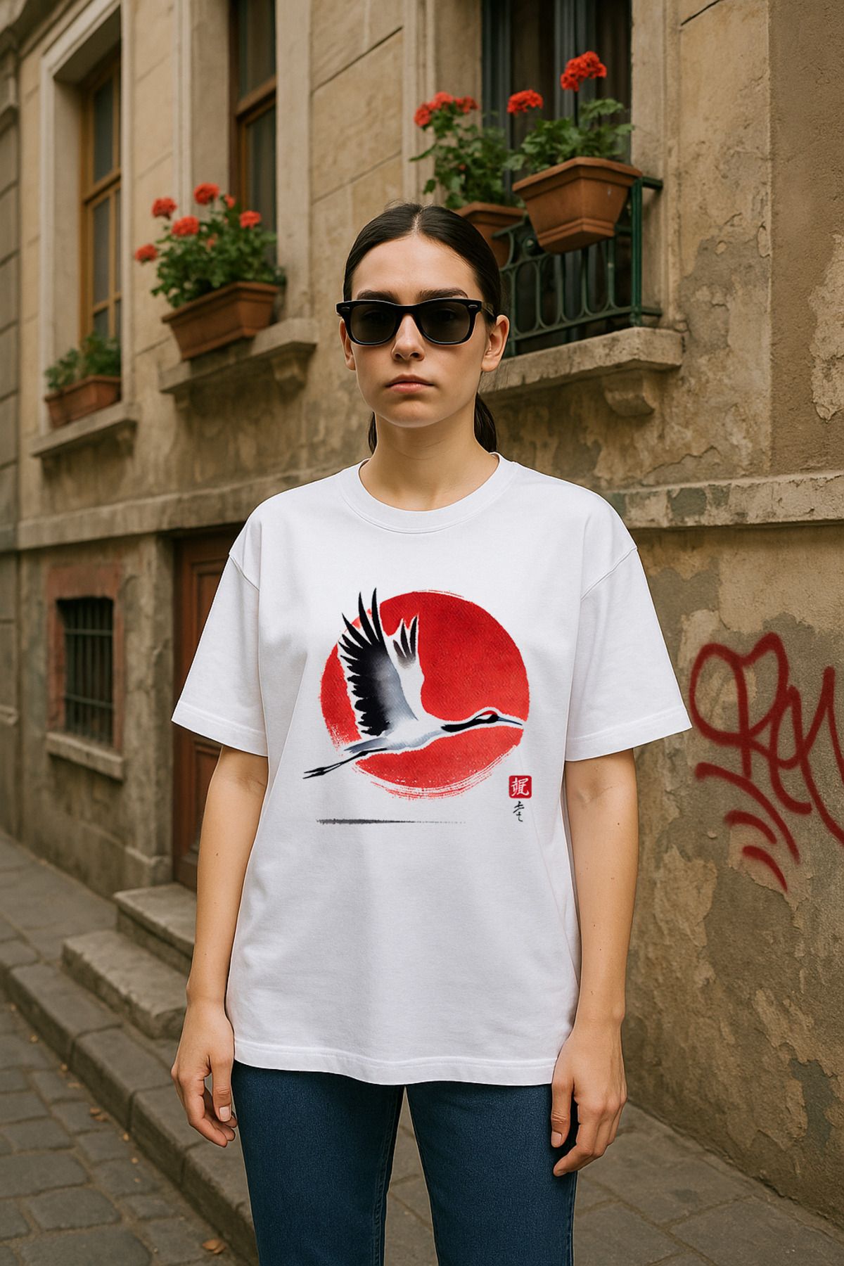 wolka Turna Baskılı Unisex %100 Pamuk Oversize Bisiklet Yaka Beyaz T-shirt