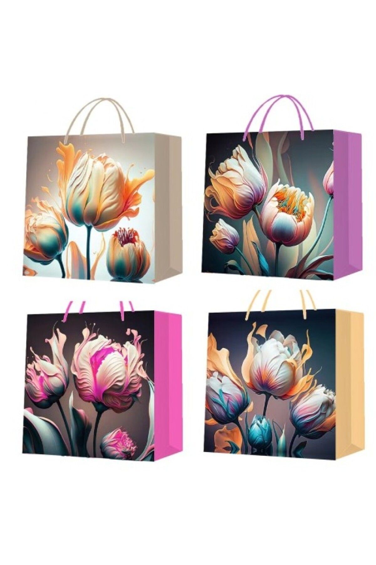 Shopyzone Büyük Boy Lale Desenli Karton Hediye Çantası