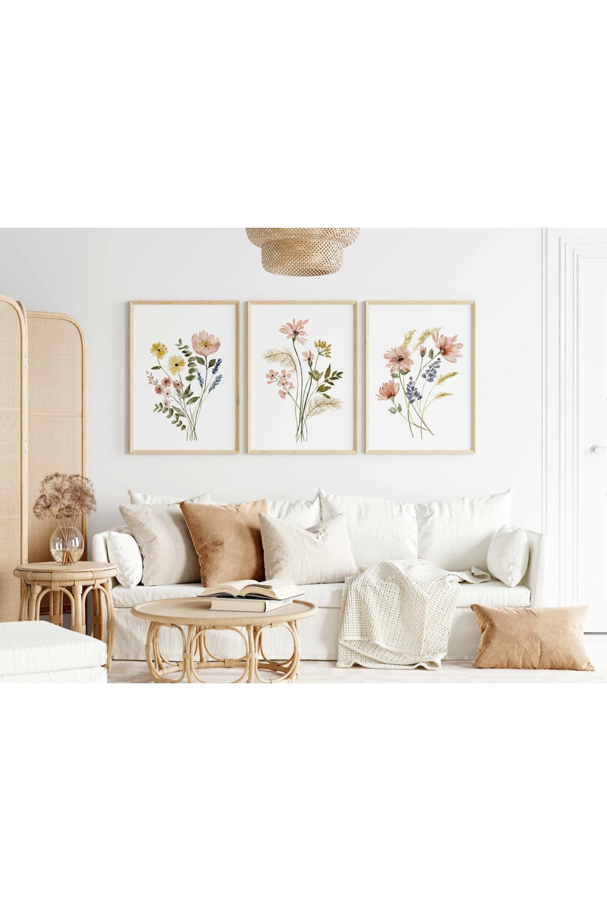 Tuba Decor 3 Parça Ahşap Çerçeve Görünümlü bohem MDF Tablo Seti