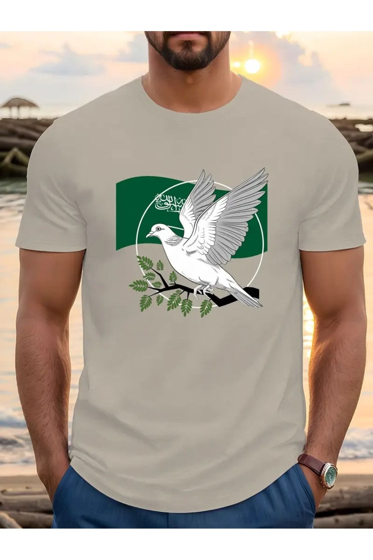 LAND MODA Erkeklerin Günlük Yaka T-Shirts'i Suudi Arabistan Bayrağı ve Güvercin Tasarımı ile
