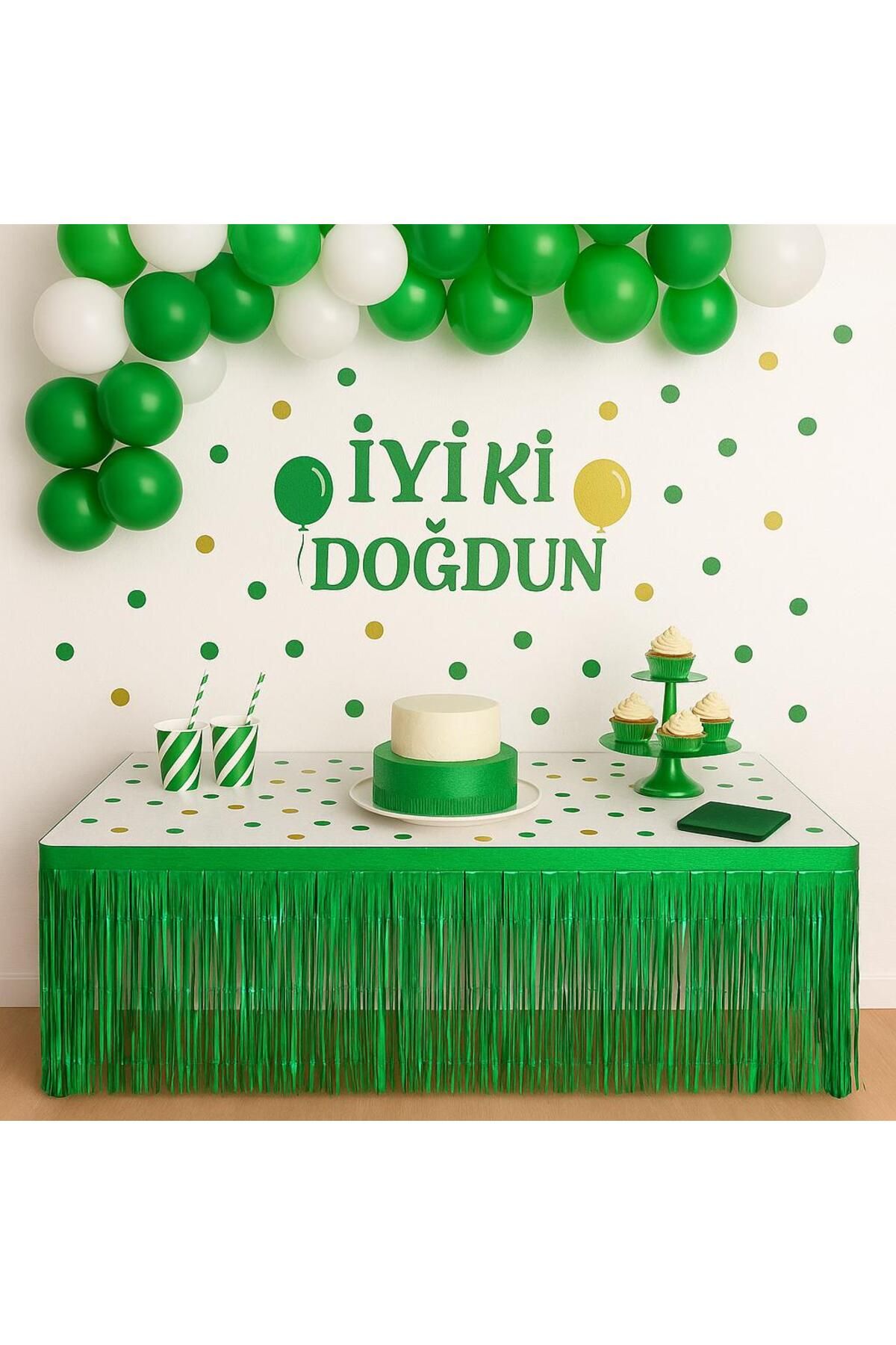 partyrüyası Yeşil Metalize Folyo Işıltılı Püskül Masa Eteği Kendinden Bantlı 75x360 Cm