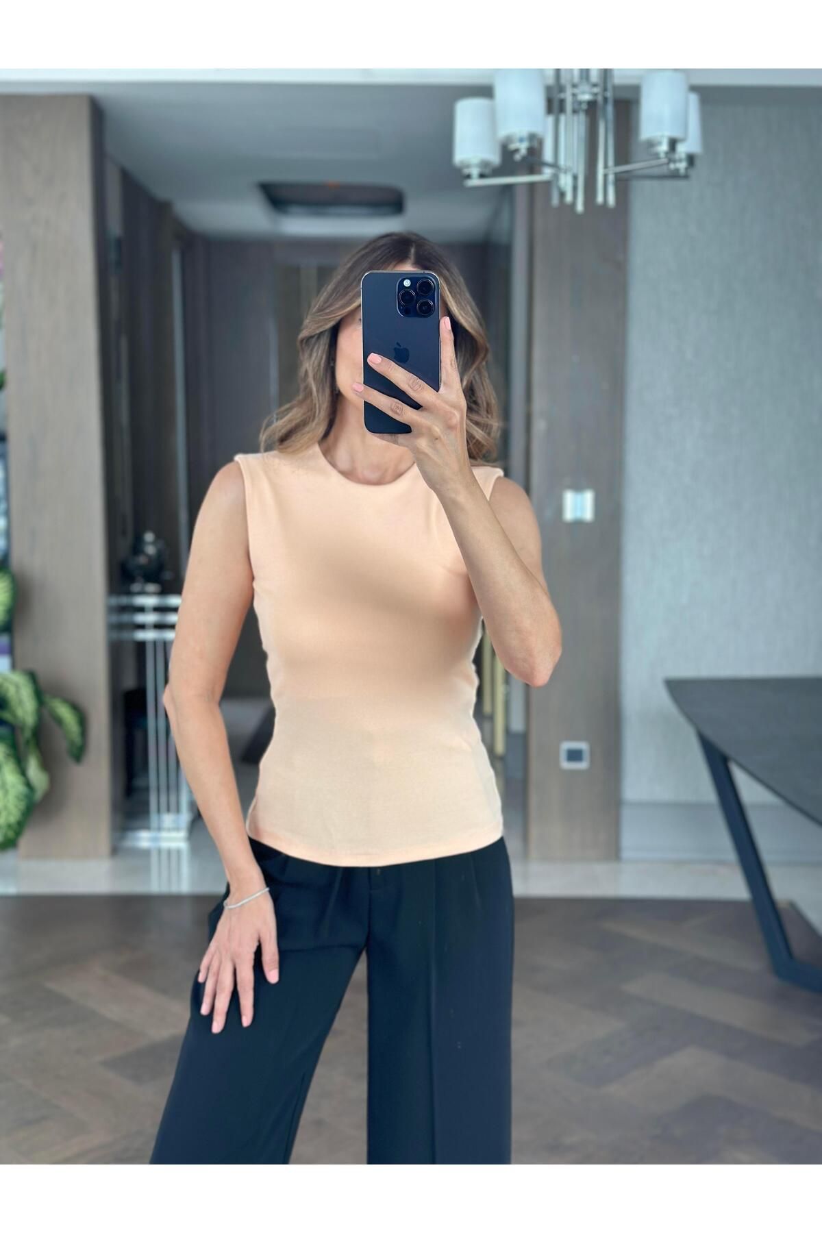 Forlady4 Şeftali Önü Çift Katlı Bisiklet Yaka Sıfır Kol Kadın Body