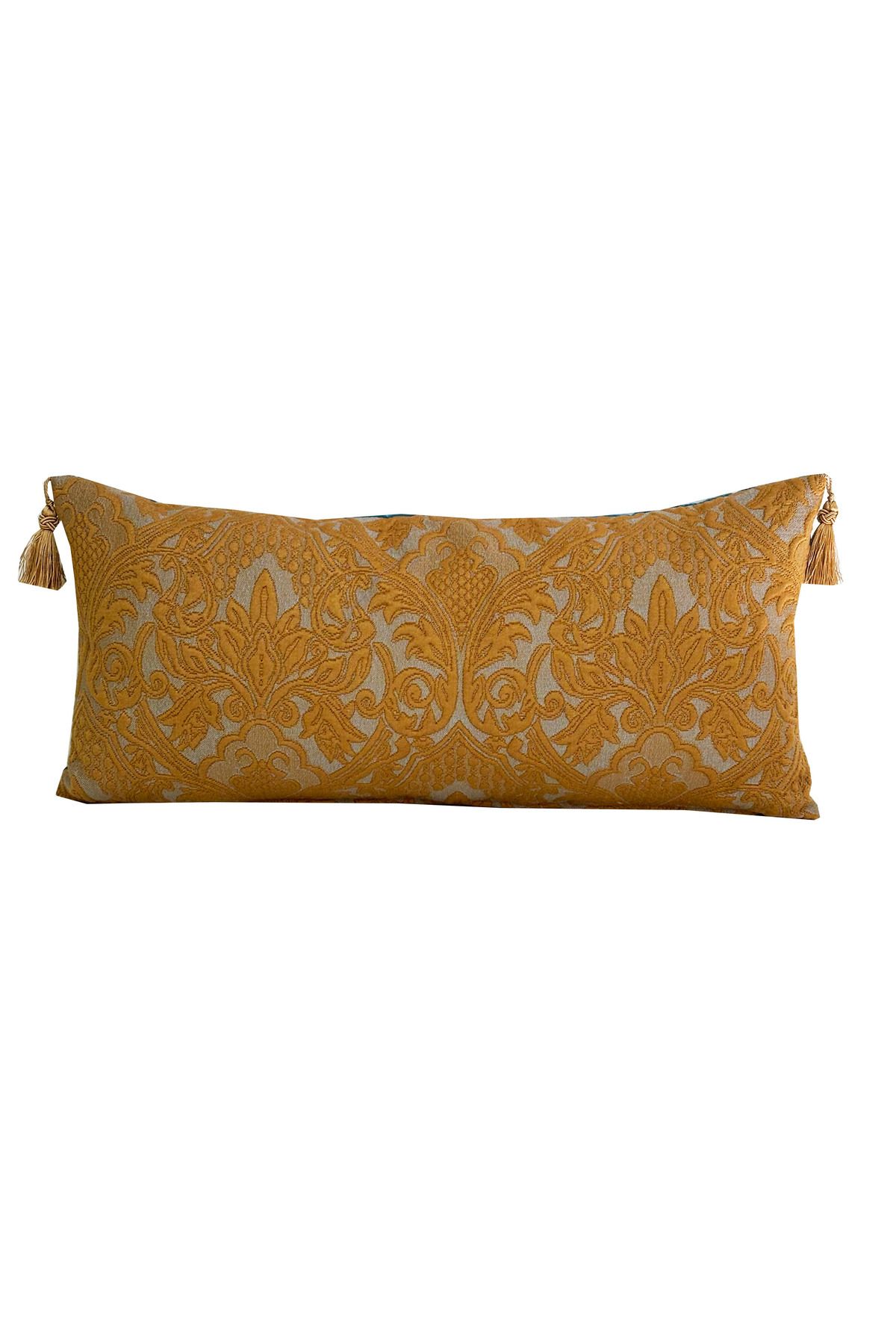 YASTIKMİNDER GOBLEN DOKUMA KOTON TAFTA KARAMEL RENK MAVİ FLOŞ PÜSKÜL 62X30 cm KIRLENT YASTIK KILIFI