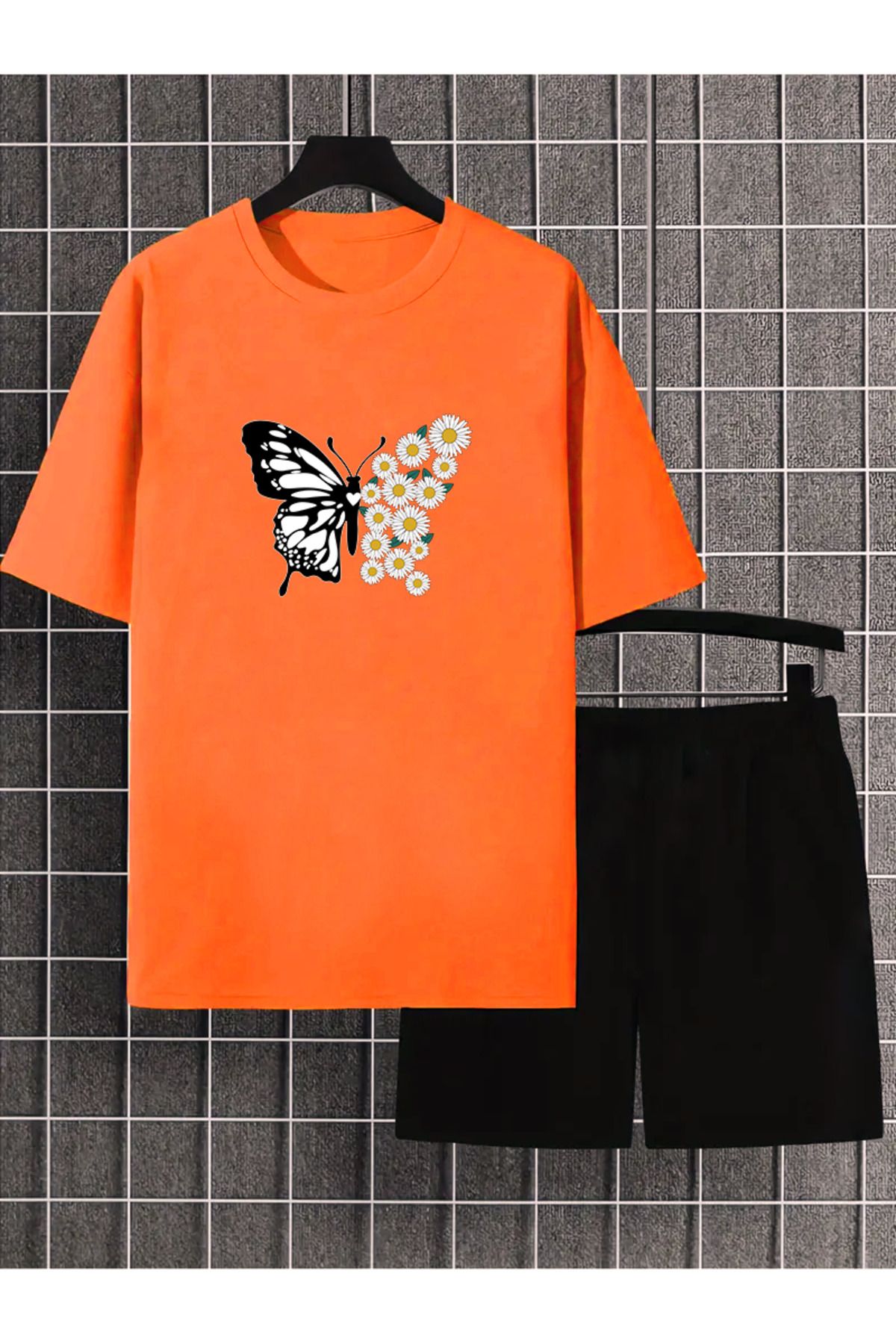 uyguntarz Unisex PAPATYA KELEBEK Tasarım Basklı Tshirt Eşofman Takımı