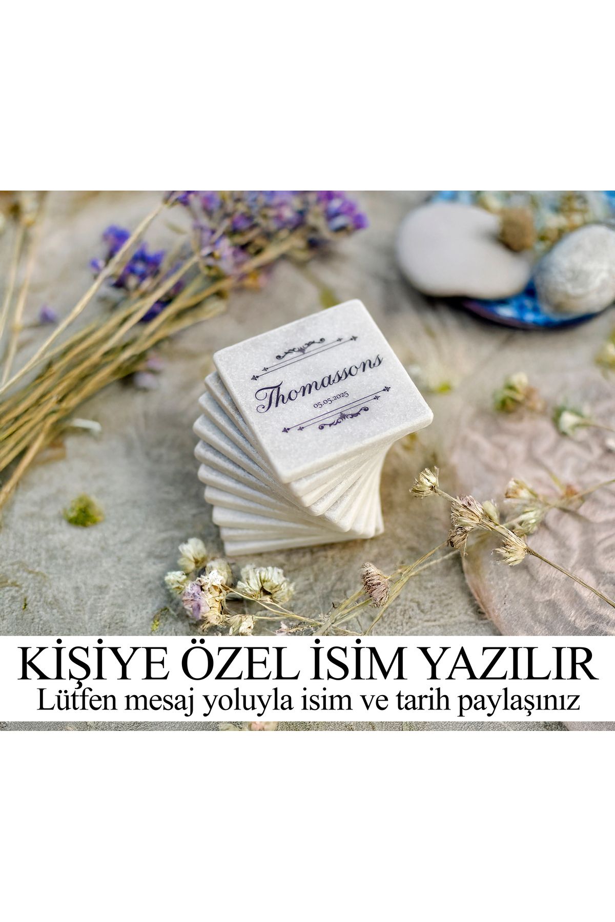 marbelix Kişiselleştirilen 6'lı Set Silva Beyaz Mermer Bardak Altlığı #4 - 10cm - Mesajla İsim Tarih Belirtin