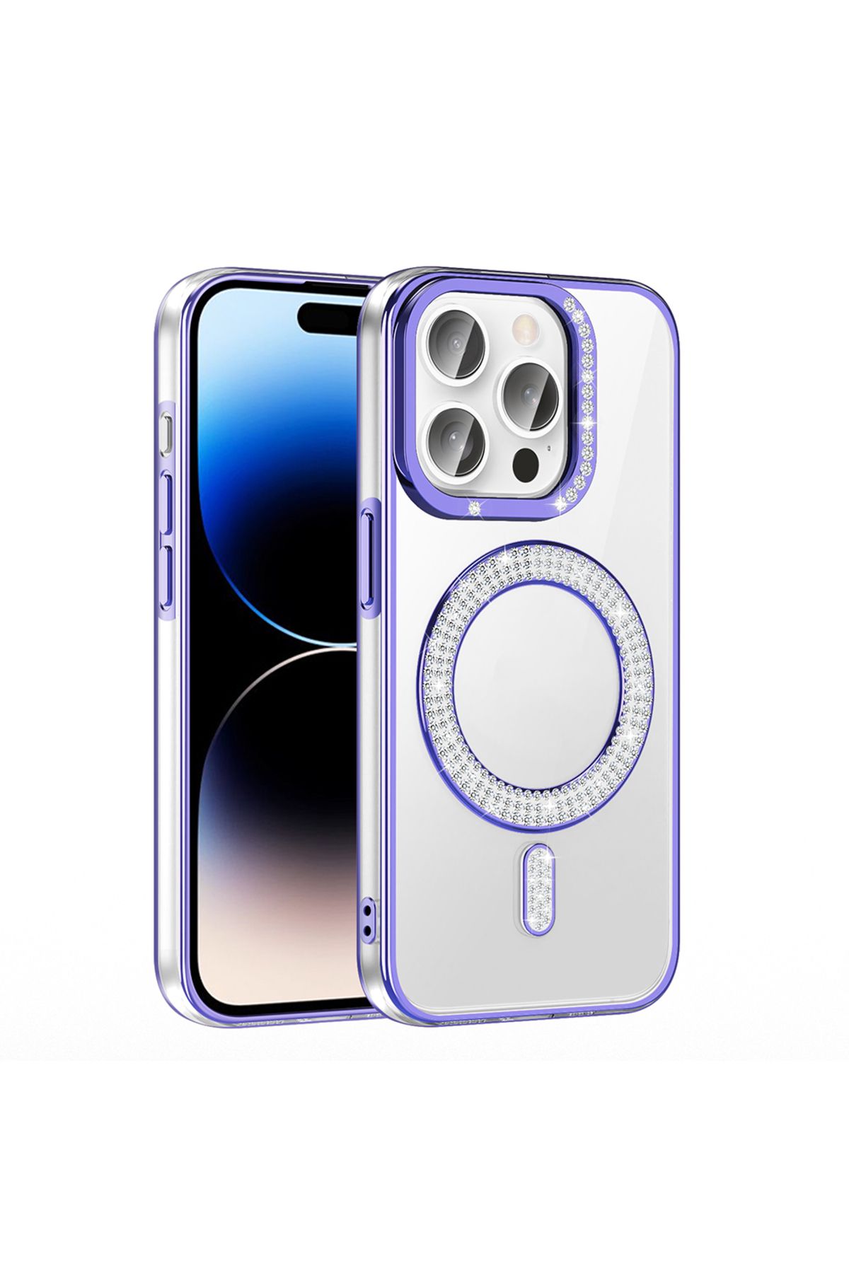 Strap U Apple iPhone 14 Pro Max Kılıf Pırlanta Taş Tasarımlı M-safe Şarj Özellikli Karetta Silikon Kapak