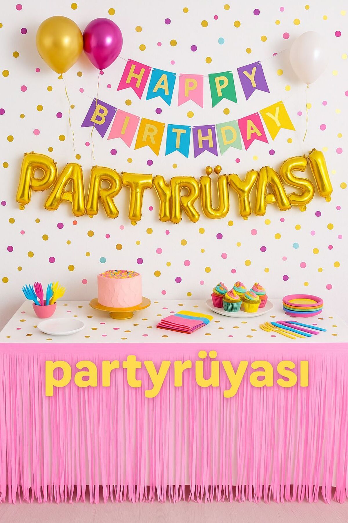 partyrüyası Pembe Metalize Folyo Işıltılı Püskül Masa Eteği Kendinden Bantlı 75x360 Cm