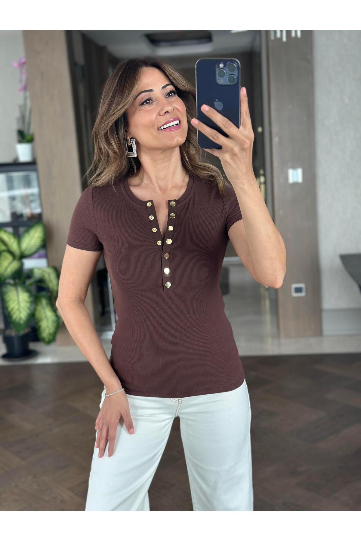 Forlady4 Kahverengi Kısa Kol Çıtçıt Düğmeli Bisiklet Yaka Kaşkorse Kadın Body