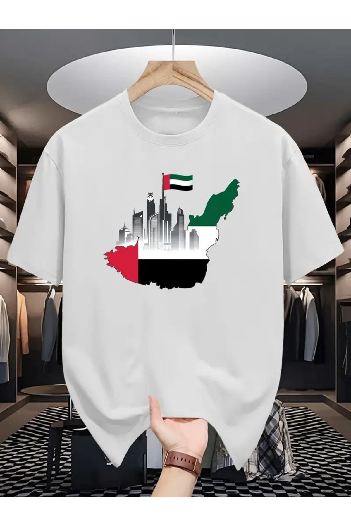 LAND MODA Erkekler için UAE Bayrağı Grafik Tişört - Günlük Yaz Kısa Kollu Yuvarlak Yaka, Trendy Orta Doğu
