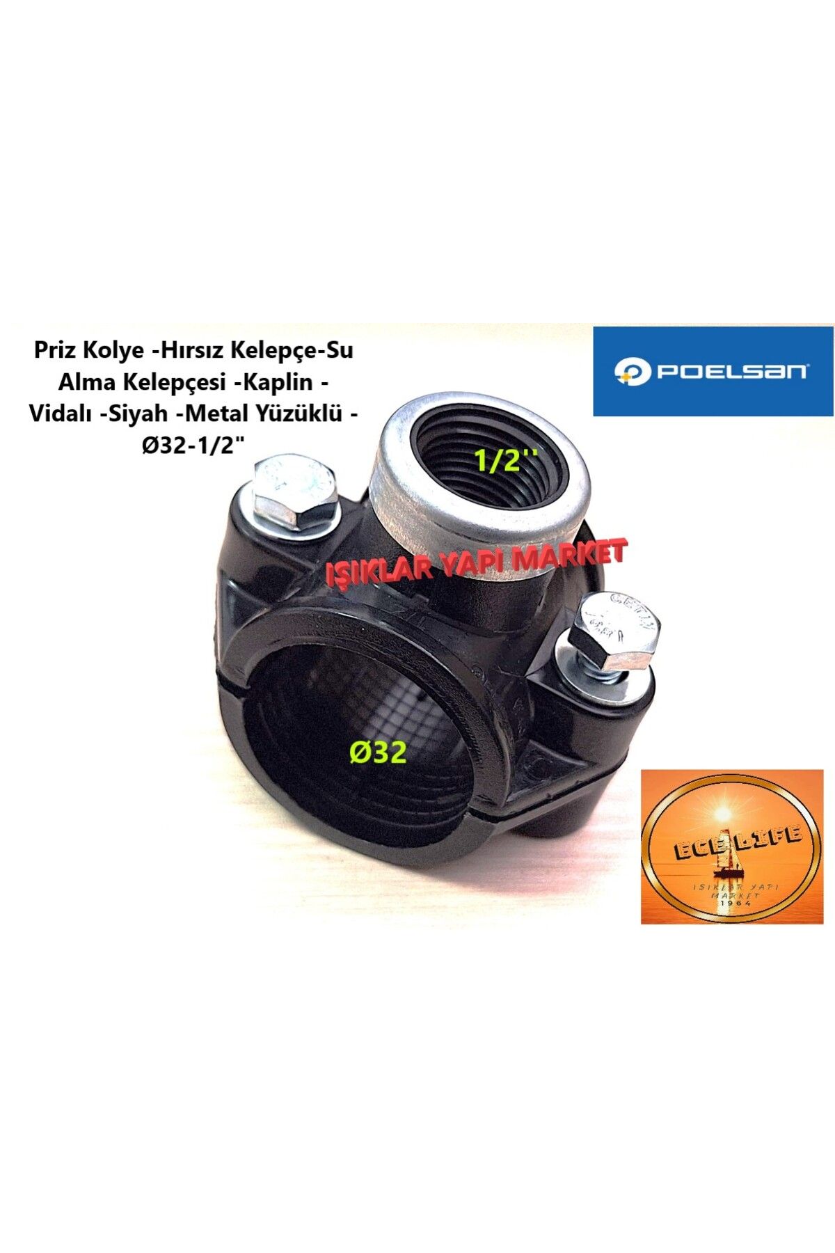 ece life Priz Kolye -Hırsız Kelepçe-Su Alma Kelepçesi -Kaplin -Vidalı -Siyah -Metal Yüzüklü -Ø32-1/2"
