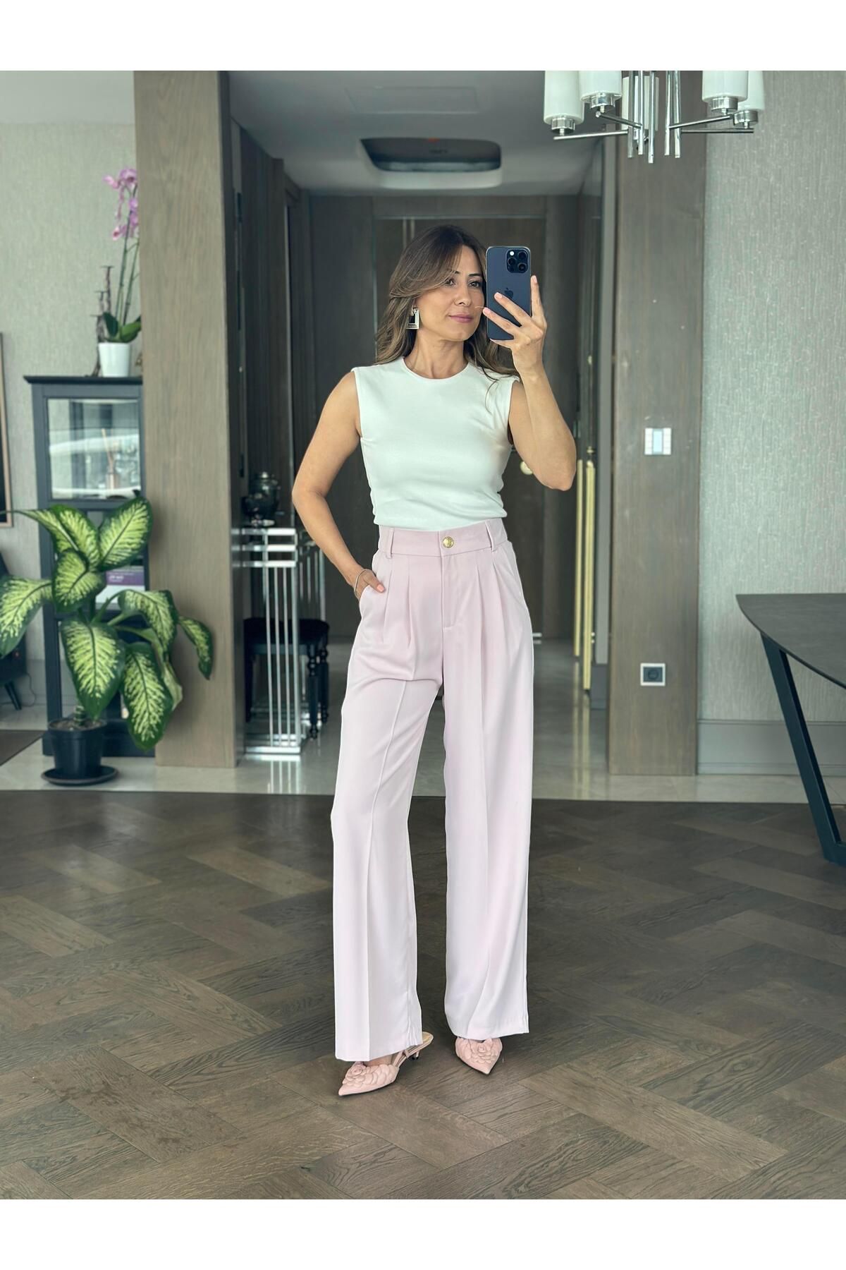 Forlady Butik Pudra Gold Düğmeli Arka Beli Lastikli Geniş Paça Kumaş Kadın Pantolon