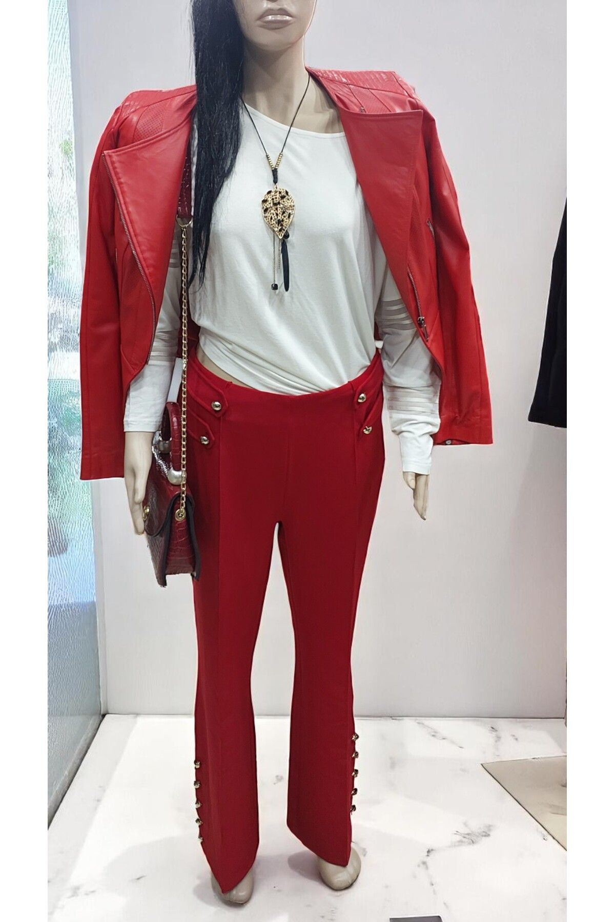 MATELIER Kırmızı İspanyol Paça Apolet Gold Düğme Detaylı Fermuarlı Pantalon