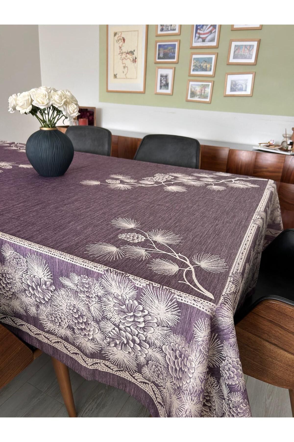 homease Pinewood Jakarlı Dertsiz Masa Örtüsü | Ağaç Dalı Desenli Su İtici Leke Tutmaz Model | 160x220 cm
