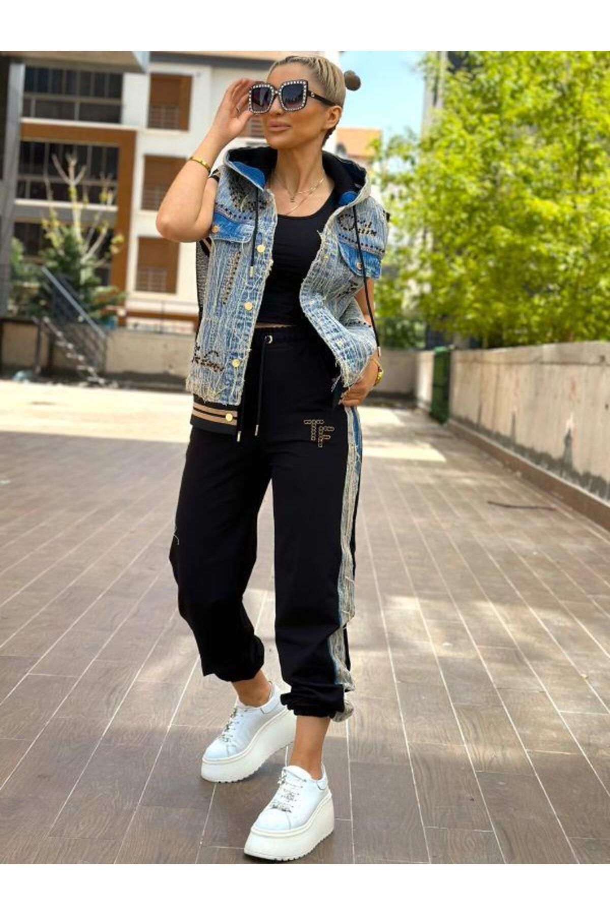 Kokoşum Butik 8078 Jean Detaylı Eşofman Takımı Siyah