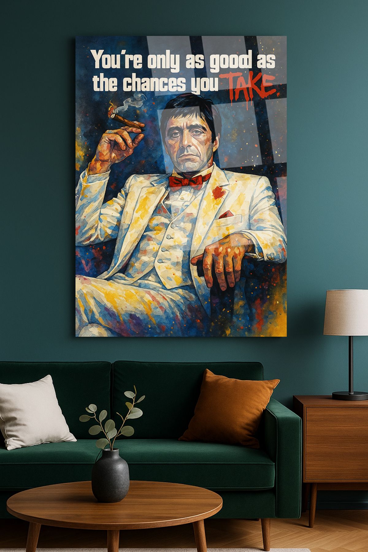 TAULART AL PACİNO "Aldığın riskler kadar iyisindir." SCARFACE CAM TABLO EV HEDİYESİ ULTRA CANLI RENKLER