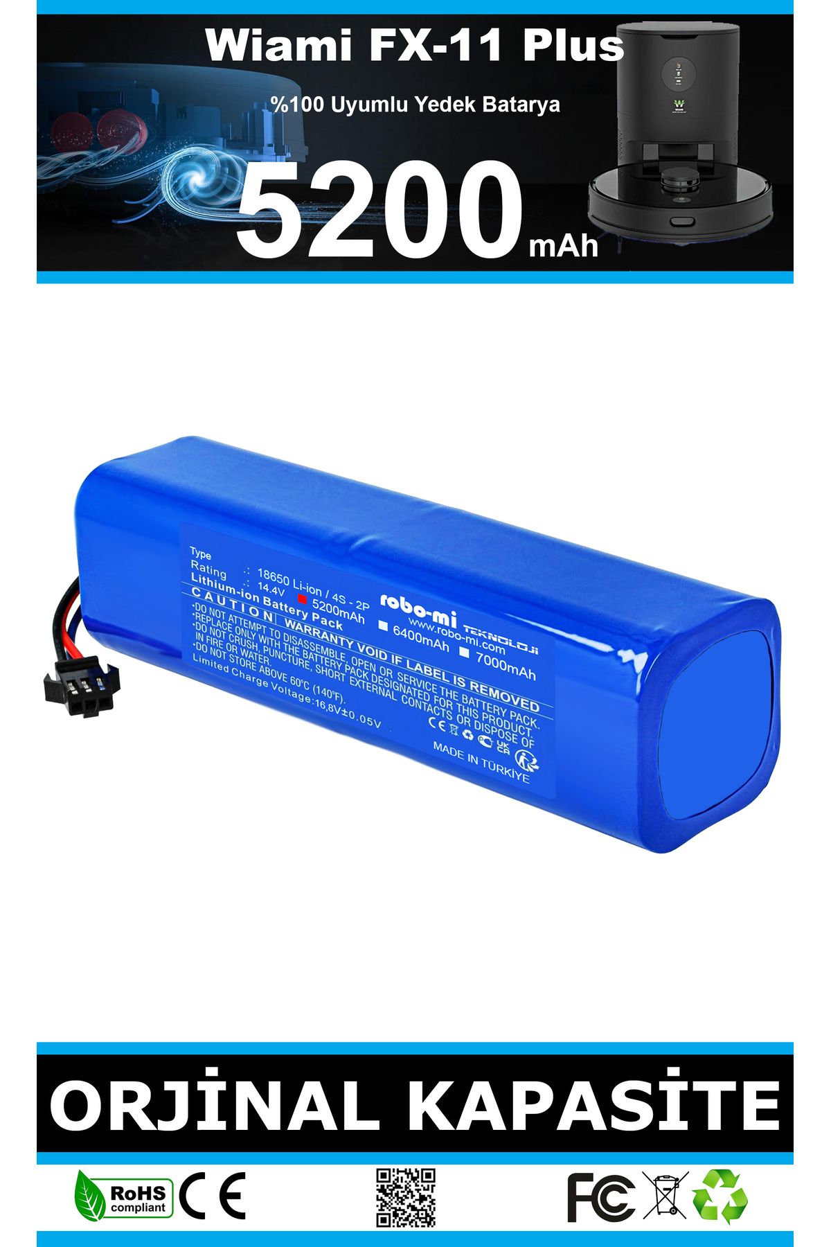 robo-mi Wiami FX-11 Plus 5200mAh Robot Süpürge Bataryası - Gerçek Kapasite, Maksimum Güvenlik