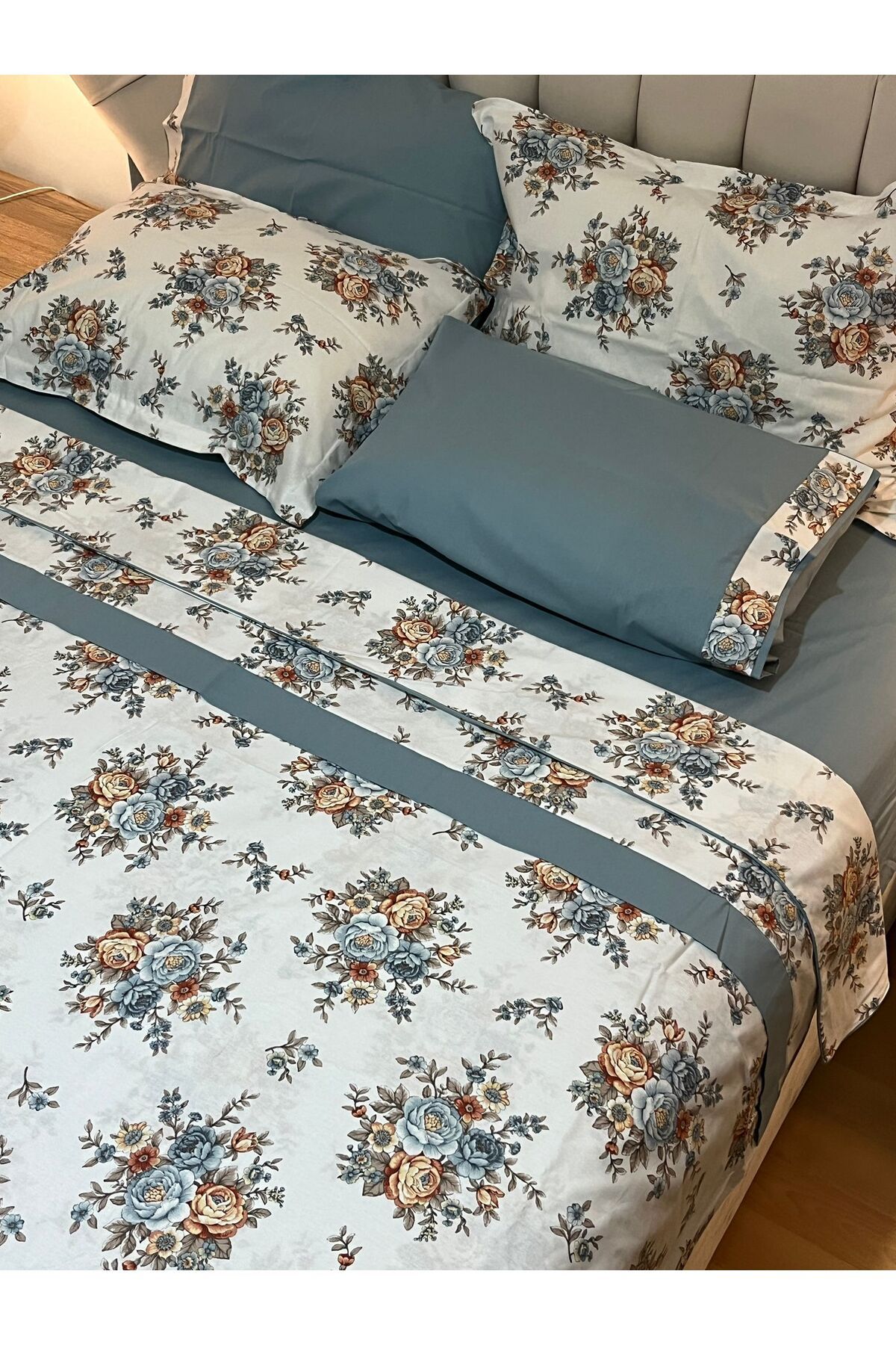 Zeren Home Çiçek Desenli %100 Pamuk Çift Kişilik Nevresim Takımı 4 Parça Set - İndigo