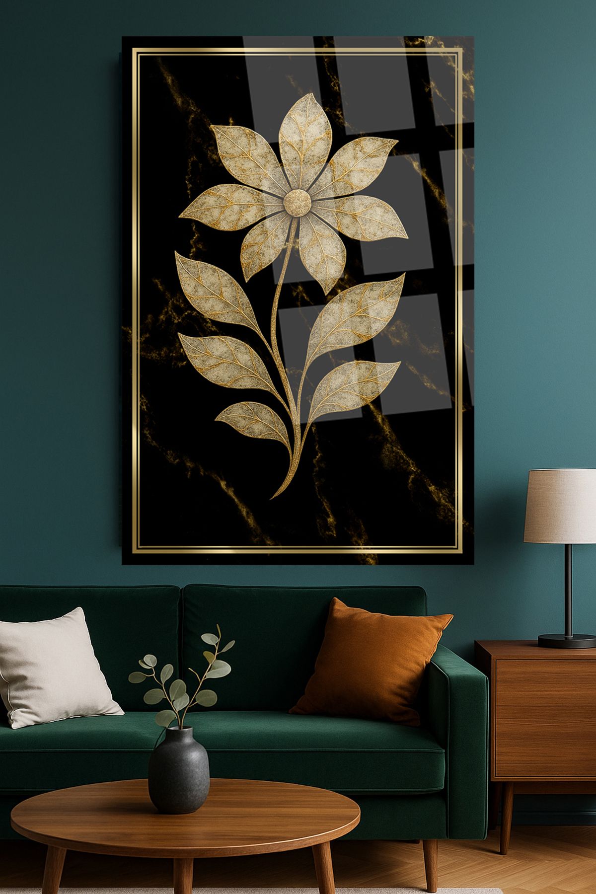TAULART Gold Mermer Üzerine Mermer Görünüm Çiçek TABLO CAM TABLO EV HEDİYESİ ULTRA CANLI RENKLER