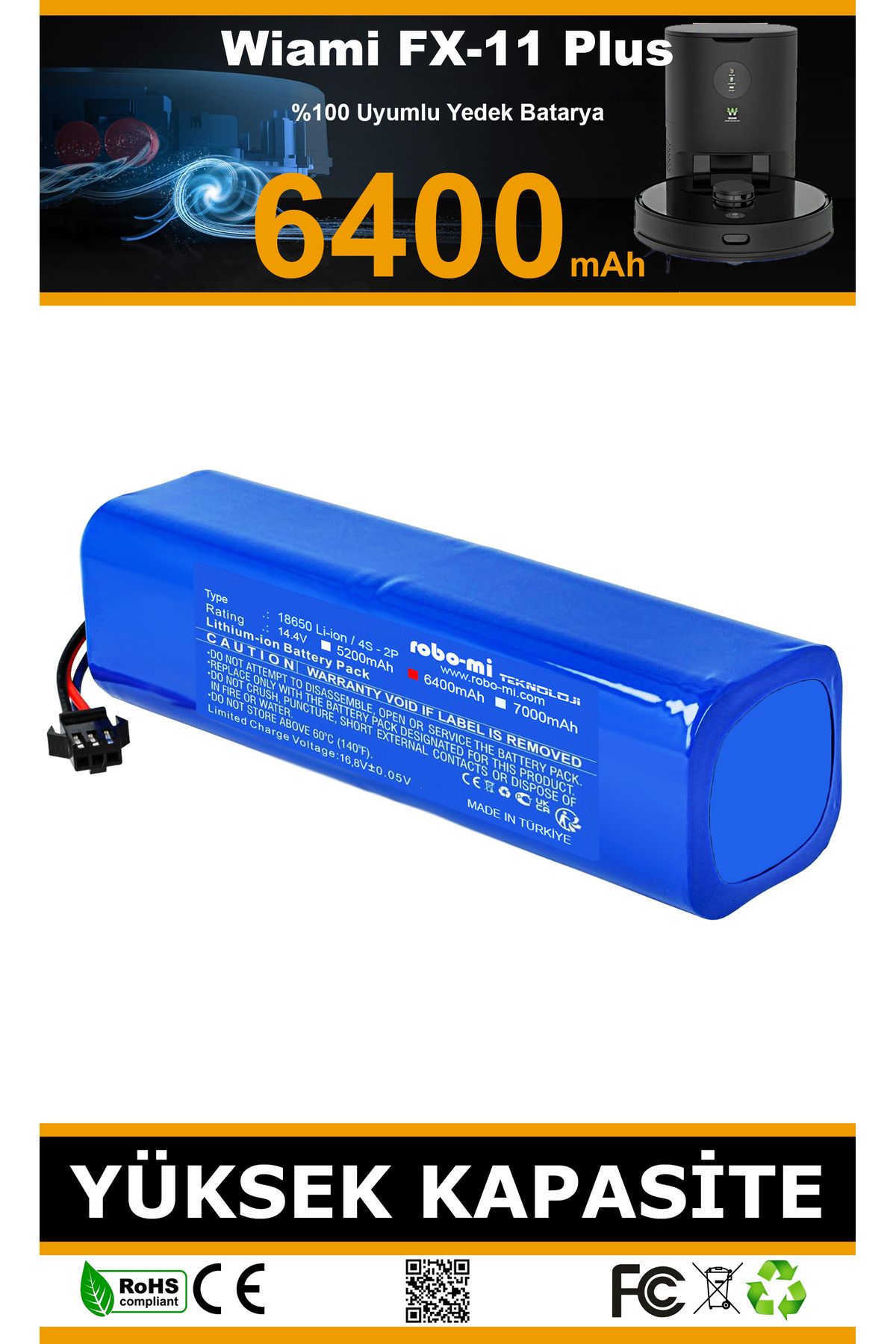 robo-mi Wiami FX-11 Plus 6400mAh Robot Süpürge Bataryası - Gerçek Kapasite, Maksimum Güvenlik