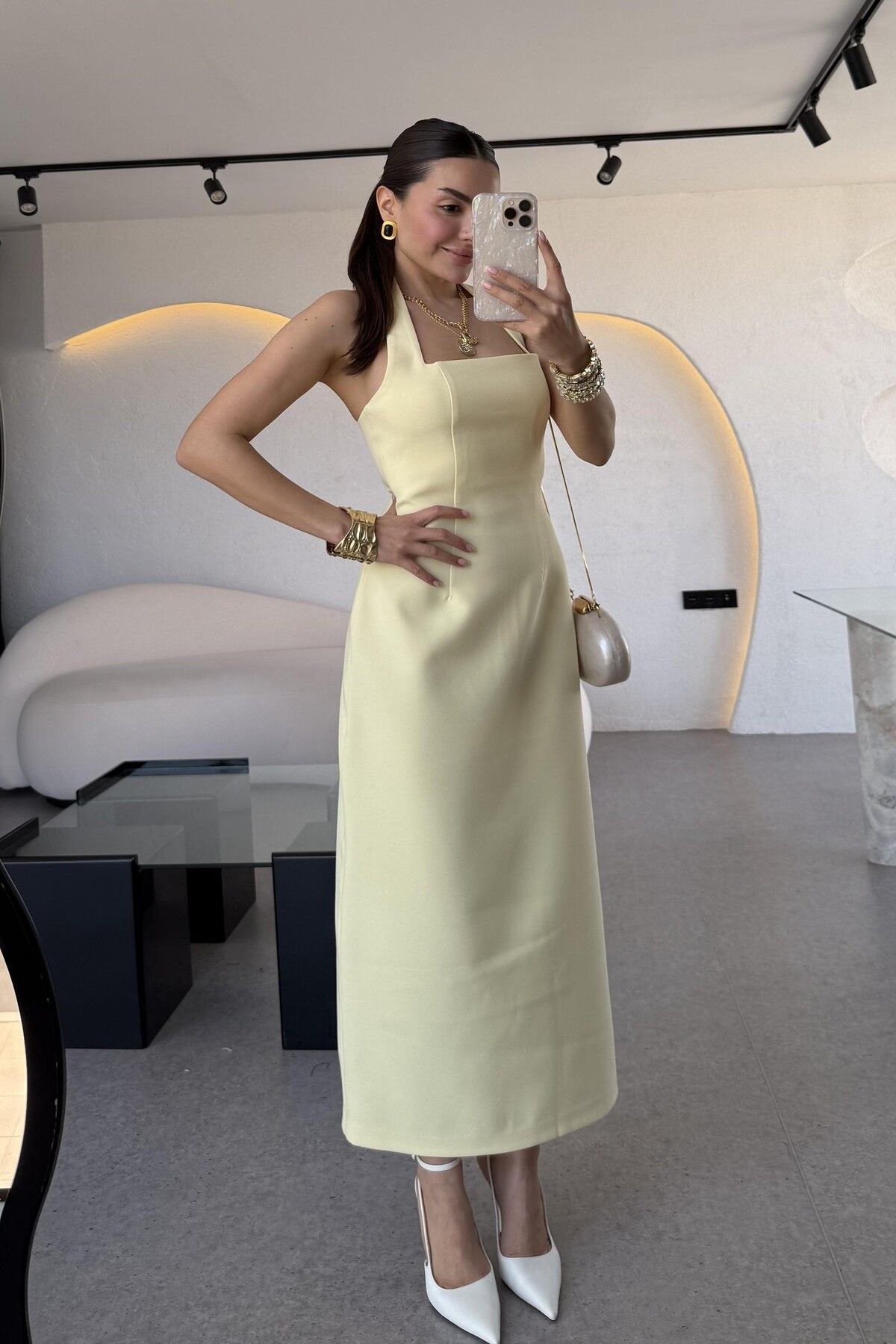 Chef d'atelier Kadın Halter Yaka Midi Dokuma Elbise